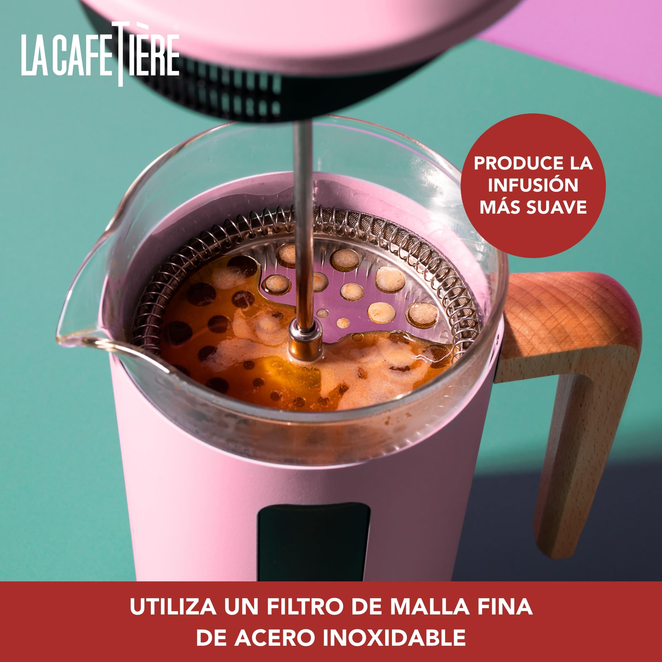 La Cafetière Pisa, 8 tazas/1L, vidrio borosilicato resistente al calor y acero inoxidable con émbolo de fácil agarre, cafetera francesa grande para té suelto y café molido, rosa