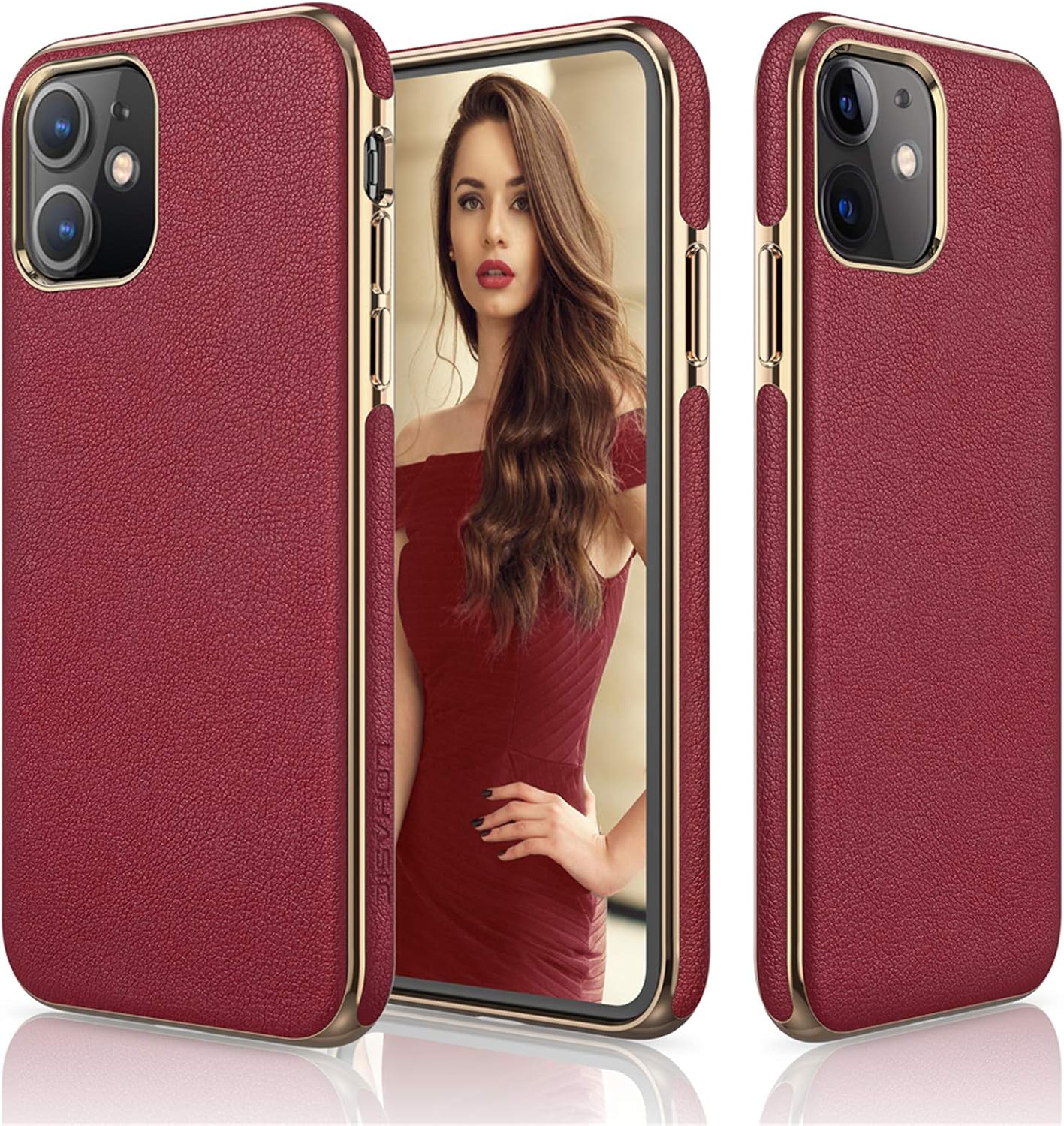LOHASIC iPhone 11 Case for Woman, Luxury Leather Slim Thin Elegant Vintage Cute Soft Flexible Grip Anti-Slip Protective Girly Pretty Cover Cases for Apple iPhone 11 (2019) - Cherry Red