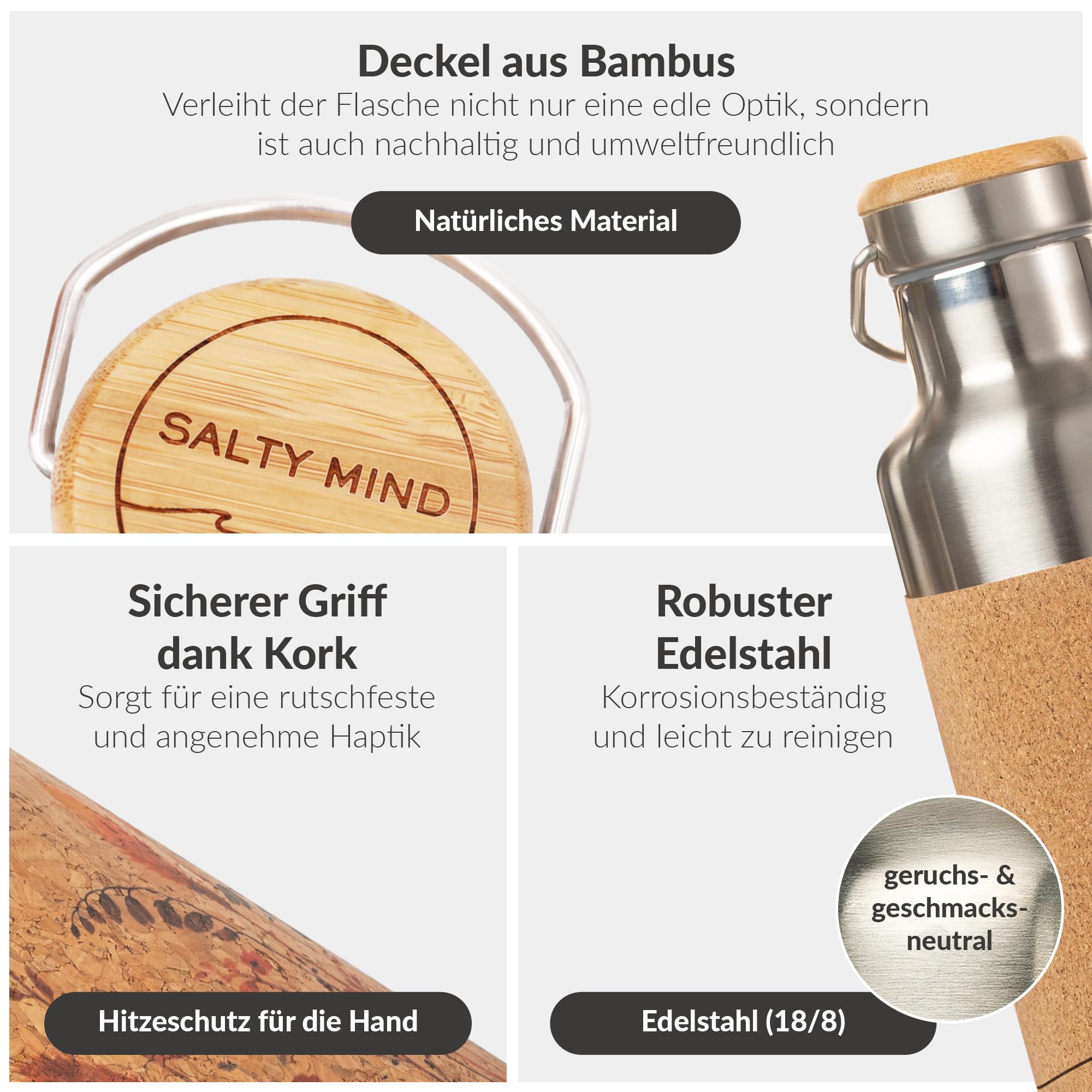 Borraccia termica in acciaio inox, 750 ml, a prova di perdite, senza sostanze nocive, insapore, senza BPA, sughero, yoga, ufficio, all'aperto (mandala + colino da tè)