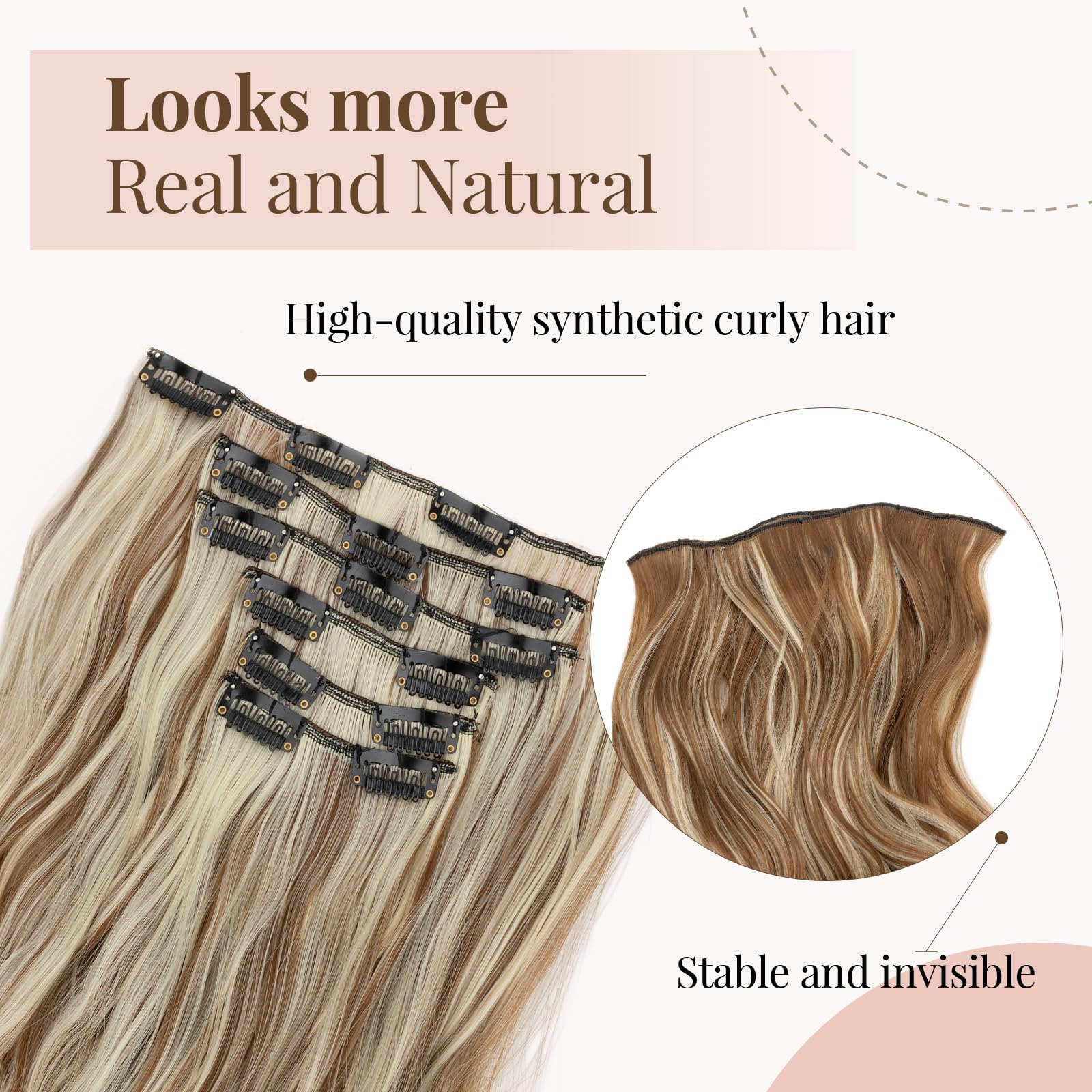 TESS Blonde Curly Hair Extensions Clip in 22 Inch 6PCS 16 Clips Heat Resistant Synthetic Wig Tangle-Free Double Weft Hair Pieces for Women UK 150g #6H613 Balayage Light Brown & Bleached Blonde - Image 2