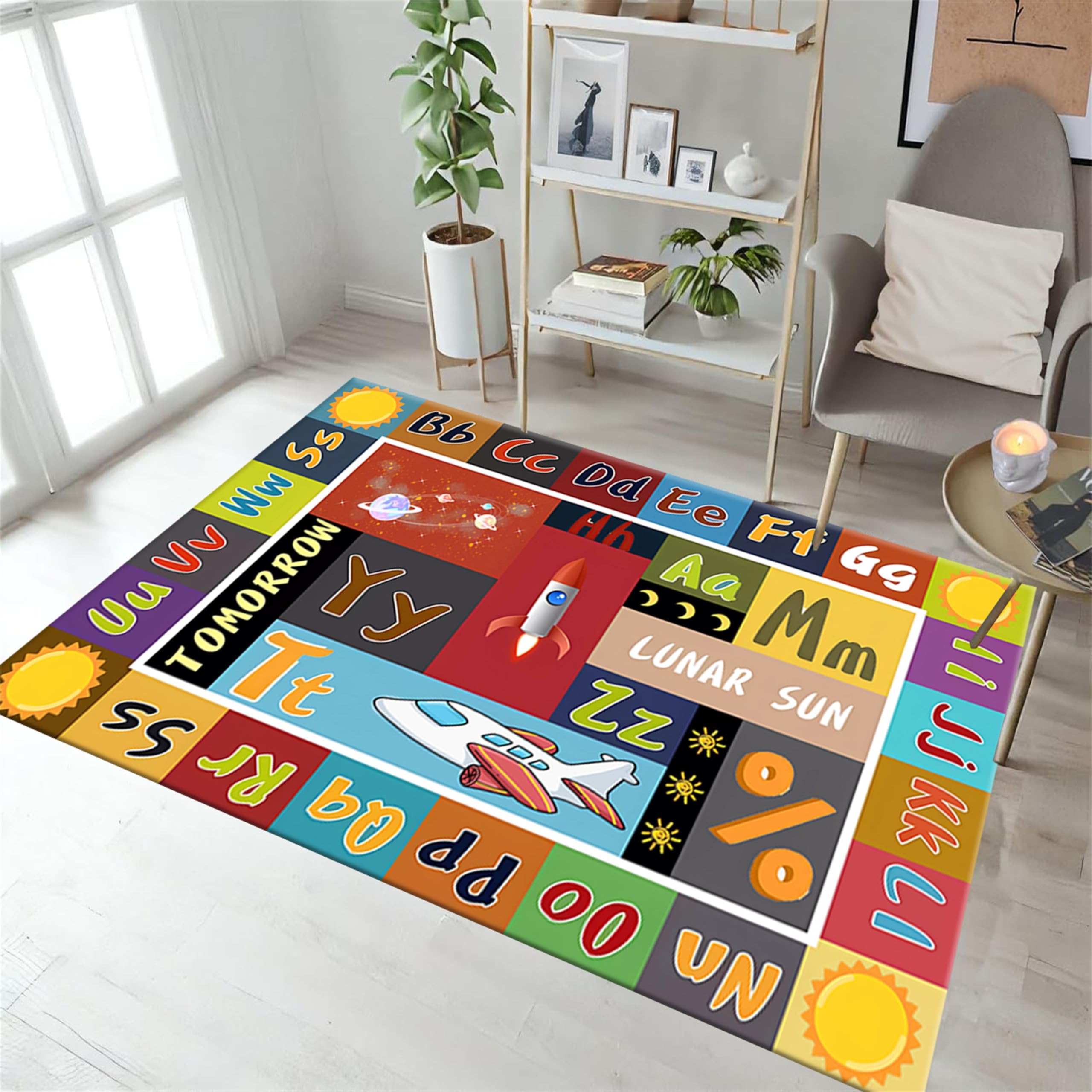 ABC Education Area Rug Kinderteppiche zum Lernen von englischen Buchstaben, lustiger Weltraum-Thema, Patchwork-Teppich, Spielzeit, Überwurf, Teppiche für Wohnzimmer, Esszimmer, Waschküche, Bad