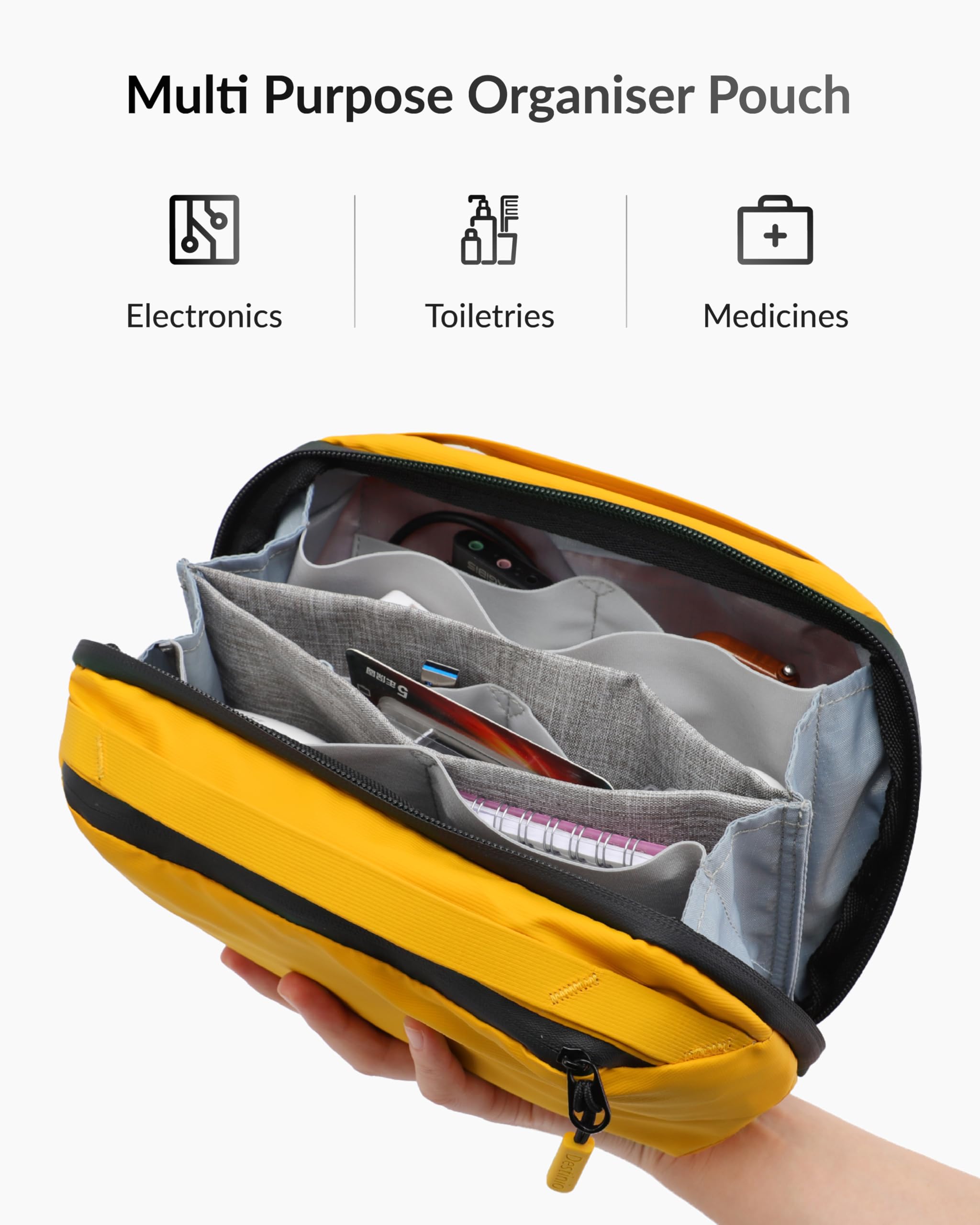 Destinio Electronic Gadget Organizer Bag - Waterproof Padded Tech Pouch for USB Cable, Travel Adapter, Laptop Mobile Charger, Power Bank, Ear Phones,Hard Disk, Digital Accessories Organiser (Yellow) 3