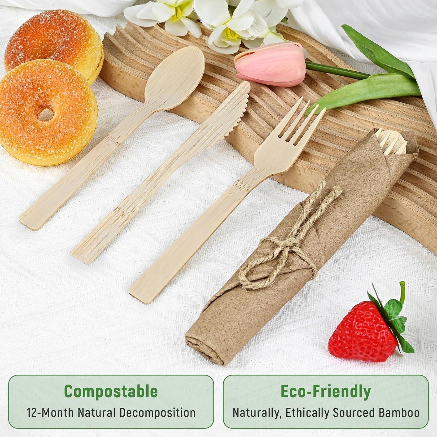 Pre Rolled Napkin and Bamboo Cutlery Set - 50Pack Bamboo Utensils/Compostable Cutlery with Brown Napkins, Biodegradable Wrapped Cutlery for Party, Wedding, Events