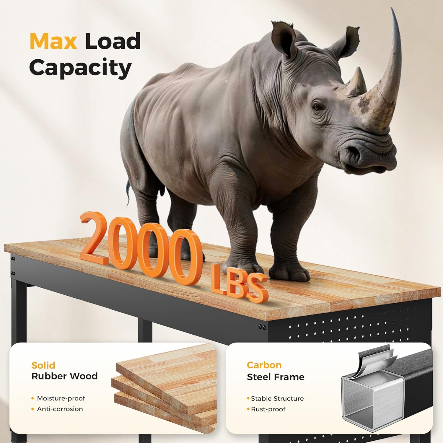 60" Adjustable Heavy Duty Workbench, 2000 LBS Load Capacity Rubber Wood Work Table with Pegboard, Power Outlets, Work Bench for Garage, Workshop, Office, Home, Commercial - Image 3