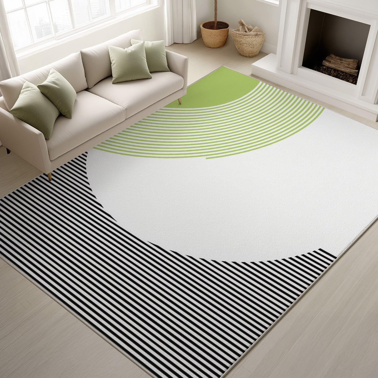 Ogólny nowoczesny dywan, 150 x 180 cm, sportowy dywan, geometryczny, świeże paski, antypoślizgowy, nie mechaci się, czarno-zielony dywan do salonu, sypialni, kuchni i jadalni, można prać w pralce