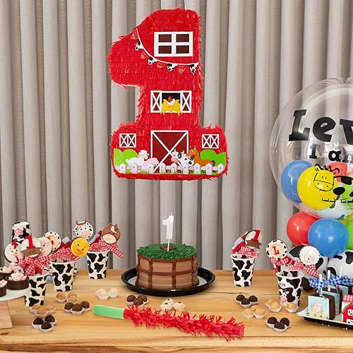 Miniatura 5 de Lewtemi Piñata número 1 de 16.5 pulgadas para niños, suministros de decoración de fiesta de primer cumpleaños con palo de madera, confeti para los