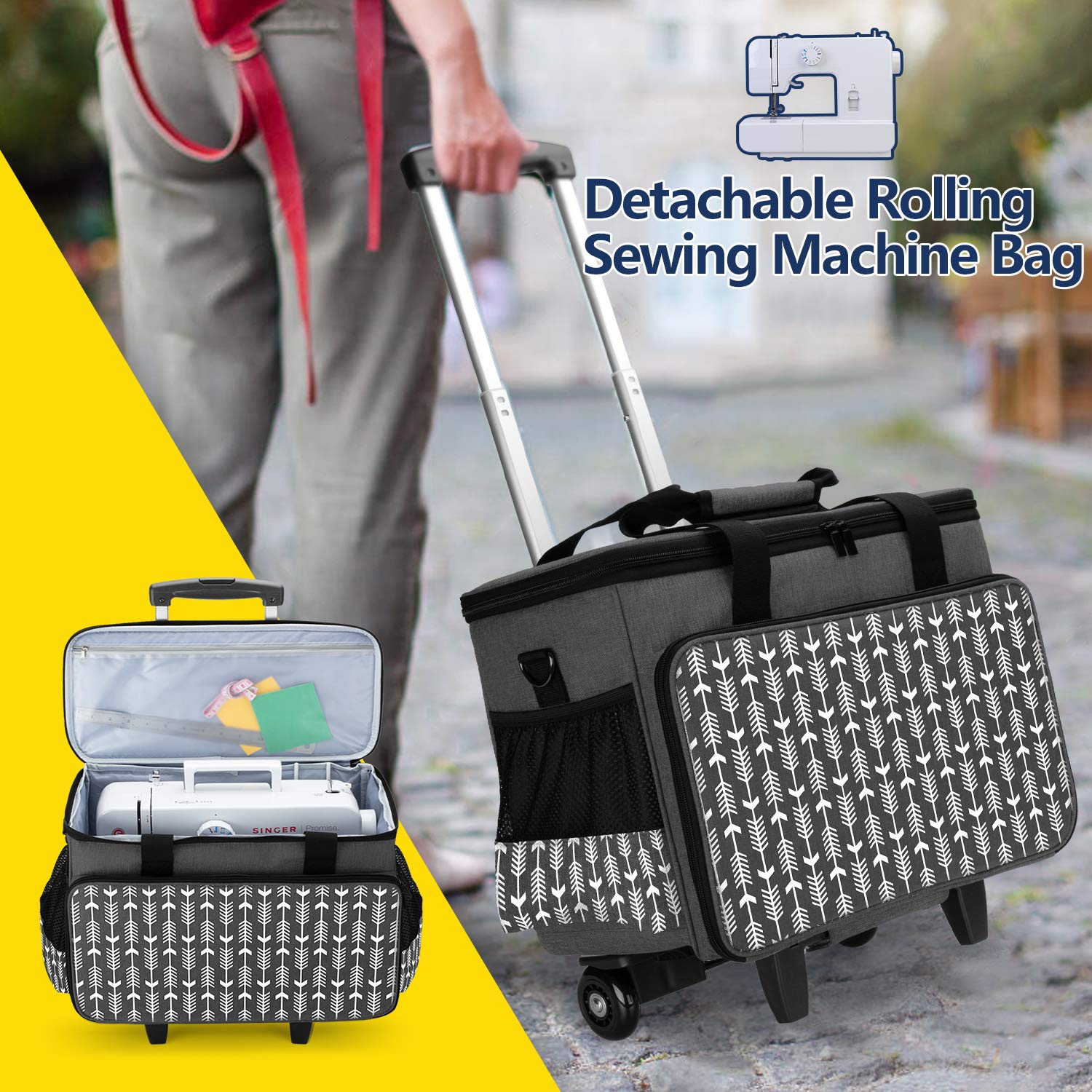 Yarwo Bolsa de Ruedas de la Máquina de Coser es Desmontable, Bolsa de Trolley de la Máquina de Coser con Panel de Soporte Inferior, Adecuado para la Mayoría de la Máquina de Coser