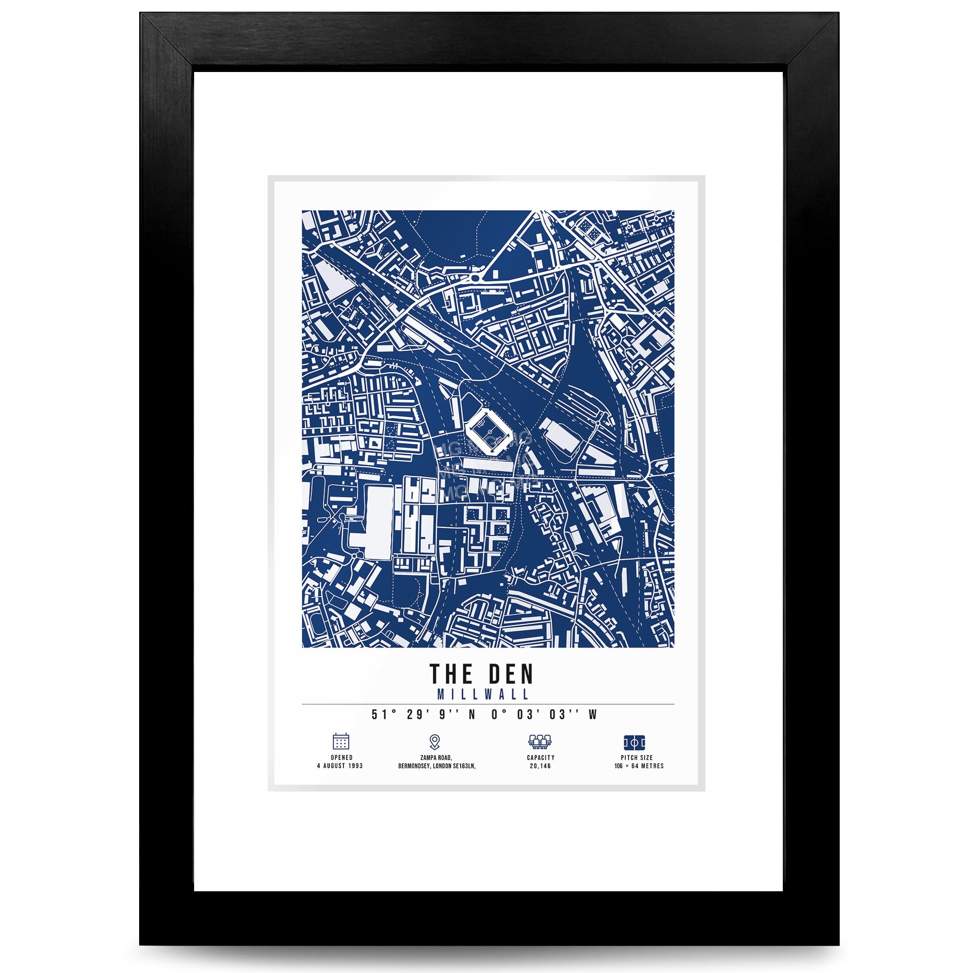 Mounted Gifts Trading A4 Black Framed & Mounted The Den Stadium Map Minimalist A4/A3 Poster Photo Print Framed Gift Millwall (A4 Black Framed & Mounted)
