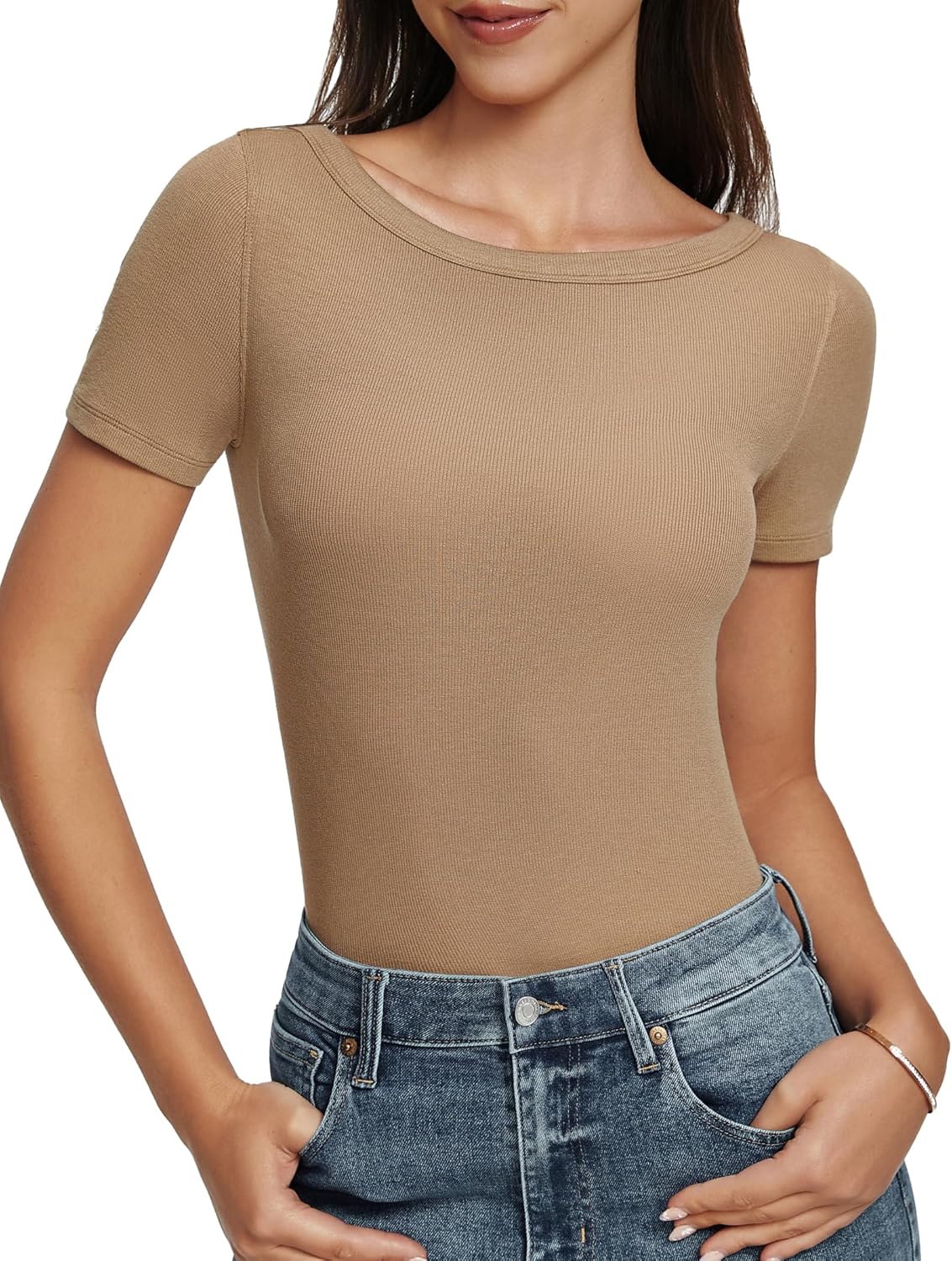 Women Boat Neck Tops 2025 Summer Short Sleeve Ribbed Knit Tight Fitted T-Shirts Basic Tees Vacation Clothes - Image 4