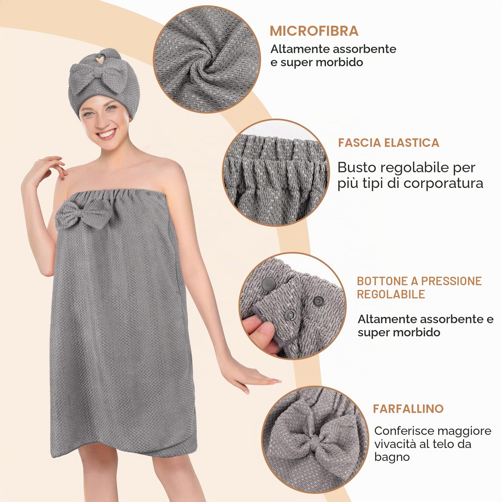 2 pezzi sauna spugna kilt accappatoio da donna con cuffia da doccia, sauna kilt da donna, asciugamano da bagno regolabile, elastico per sauna e sauna, vestibilità ideale per un'esperienza sauna