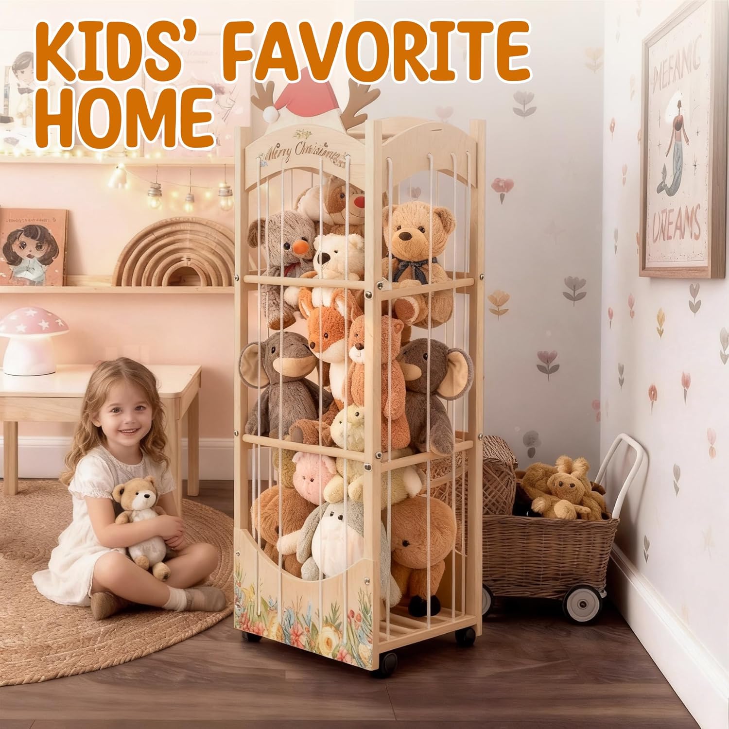 Stuffed Animal Storage and Organizer, Wooden Stuffed Animal Organizer with Elastic Cords, Christmas Themed Movable Toy Storage Rack with Wheels, Ideal for Nursery, Playroom and Kidroom - Image 2