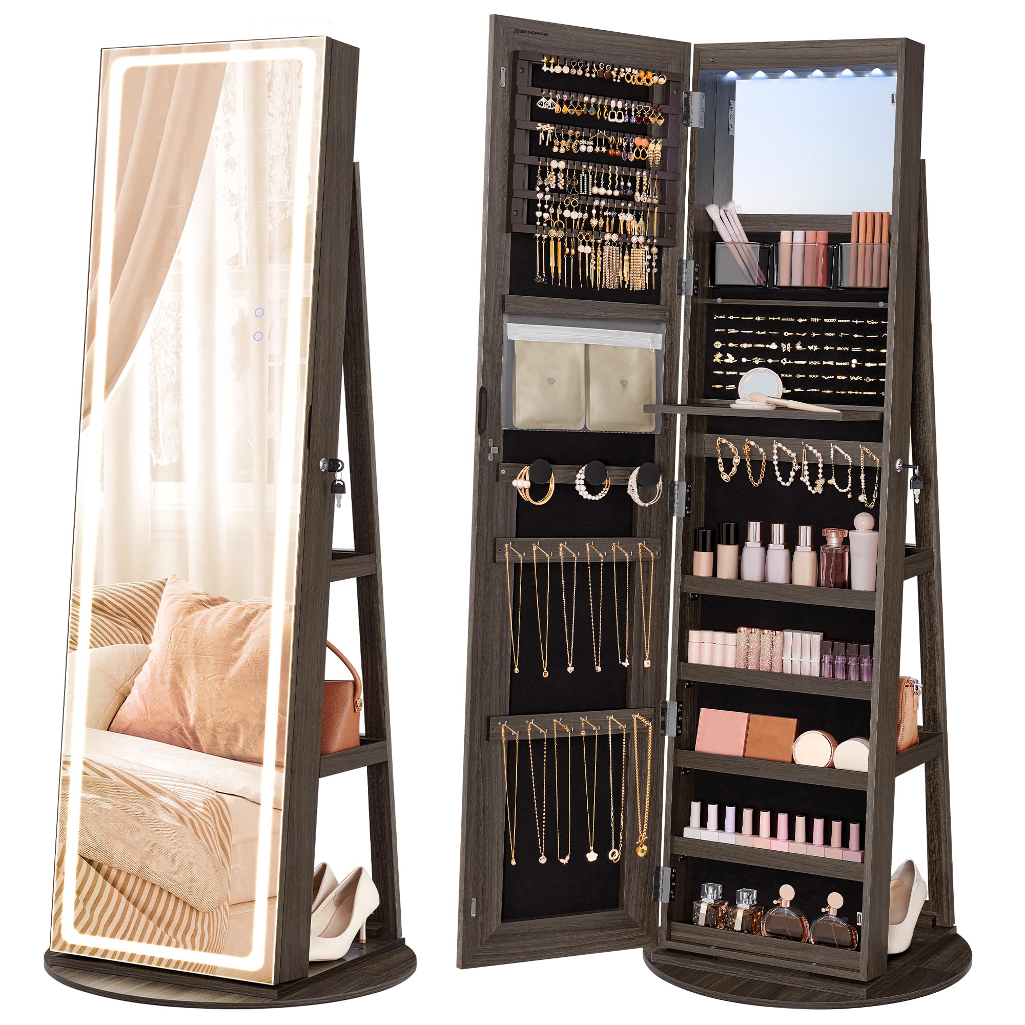 SONGMICS LED Jewelry Cabinet Standing, Lockable Armoire With Full-Length Mirror and Adjustable Lights, Space-Saving Organizer, Gift Idea, Ash Brown UJJC008K02