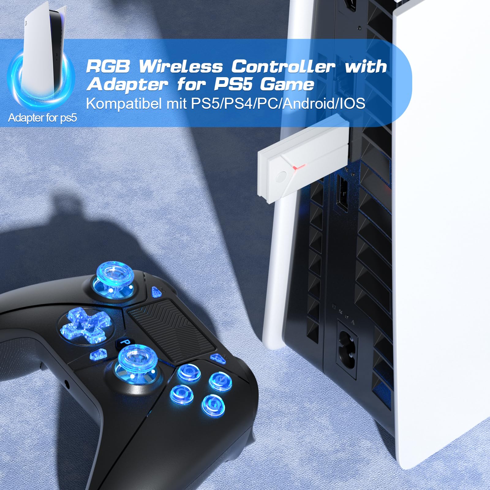 Bonacell RGB Kabelloser Controller für PS5/PS4/PC with 2.4GHz USB Receiver Adapter kompatibel mit PS5-Spielen, Dual-Motor-Vibration/6-Achsen-Sensor/Turbo/3,5-mm-Audiobuchse/Touchpad