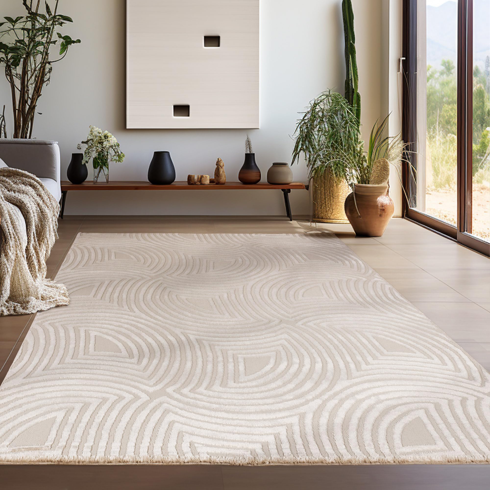 Teppium Tapis de salon moderne à poils courts - 250 x 350 cm (240 x 340 cm) - Beige - 3D Boho - Lavable - Style scandinave - Géométrique et doux - Pour chambre à coucher, salle à manger ou cuisine