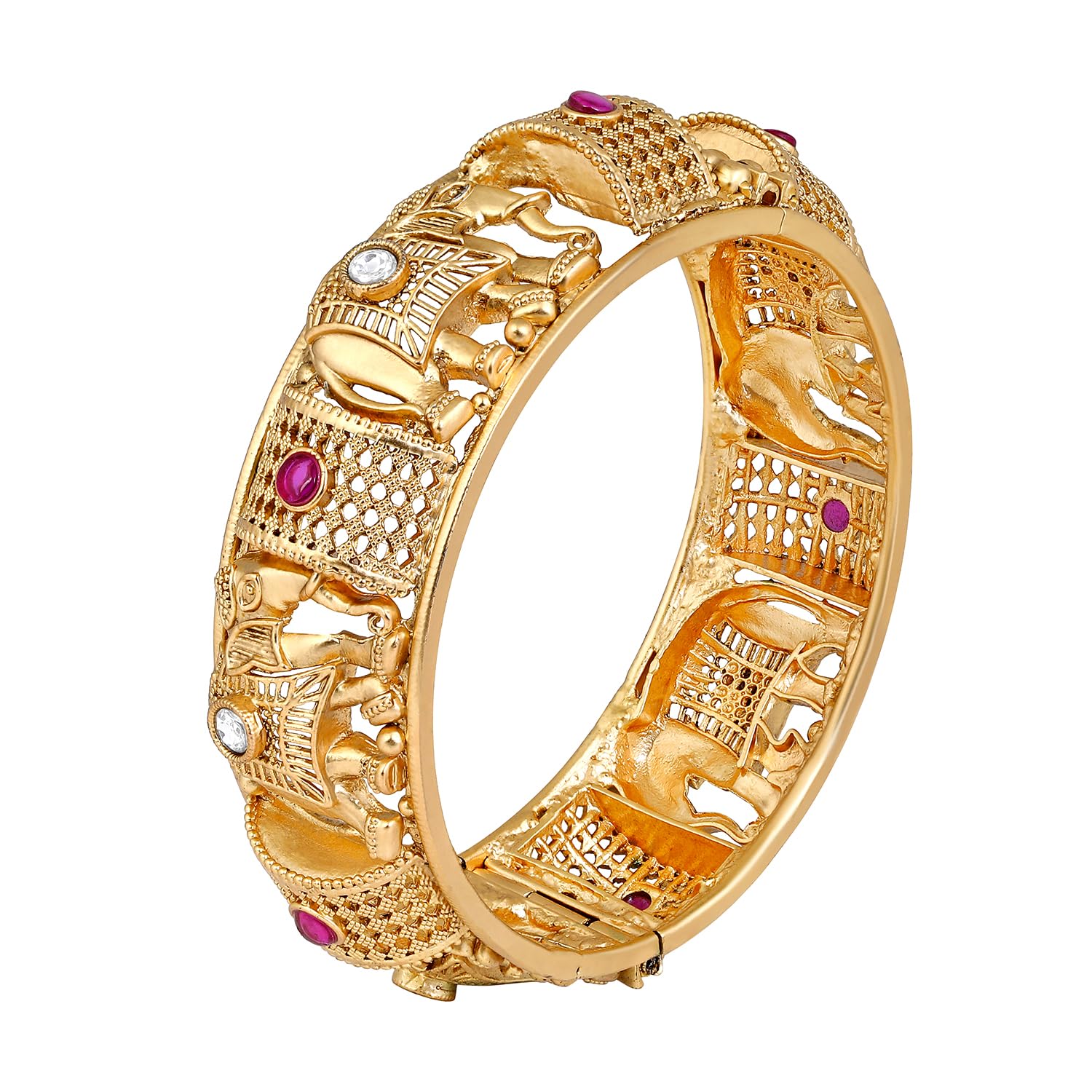 Aheli Gold Plated Elephant Motif Thick Single Piece Openable Bangle Ethnic Traditional Temple Jewelry for Women 2.6"