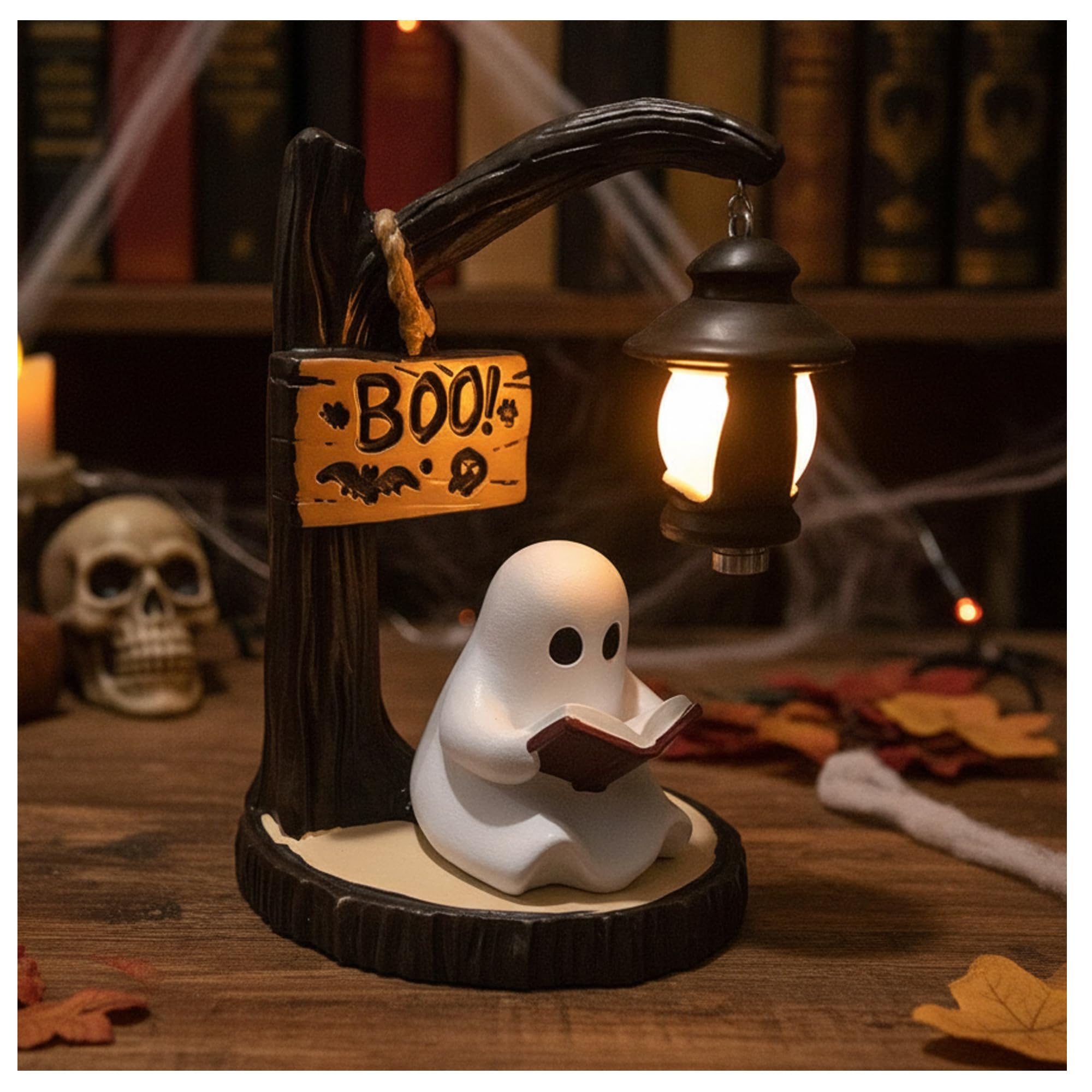 Ghost Lamp — Cute Ghost Reading Book Lamp with Soft LED Night Light, 3D Dimmable Touch Control Resin Spooky Figurine for Bedside Table, USB Rechargeable Halloween Indoor Decoration