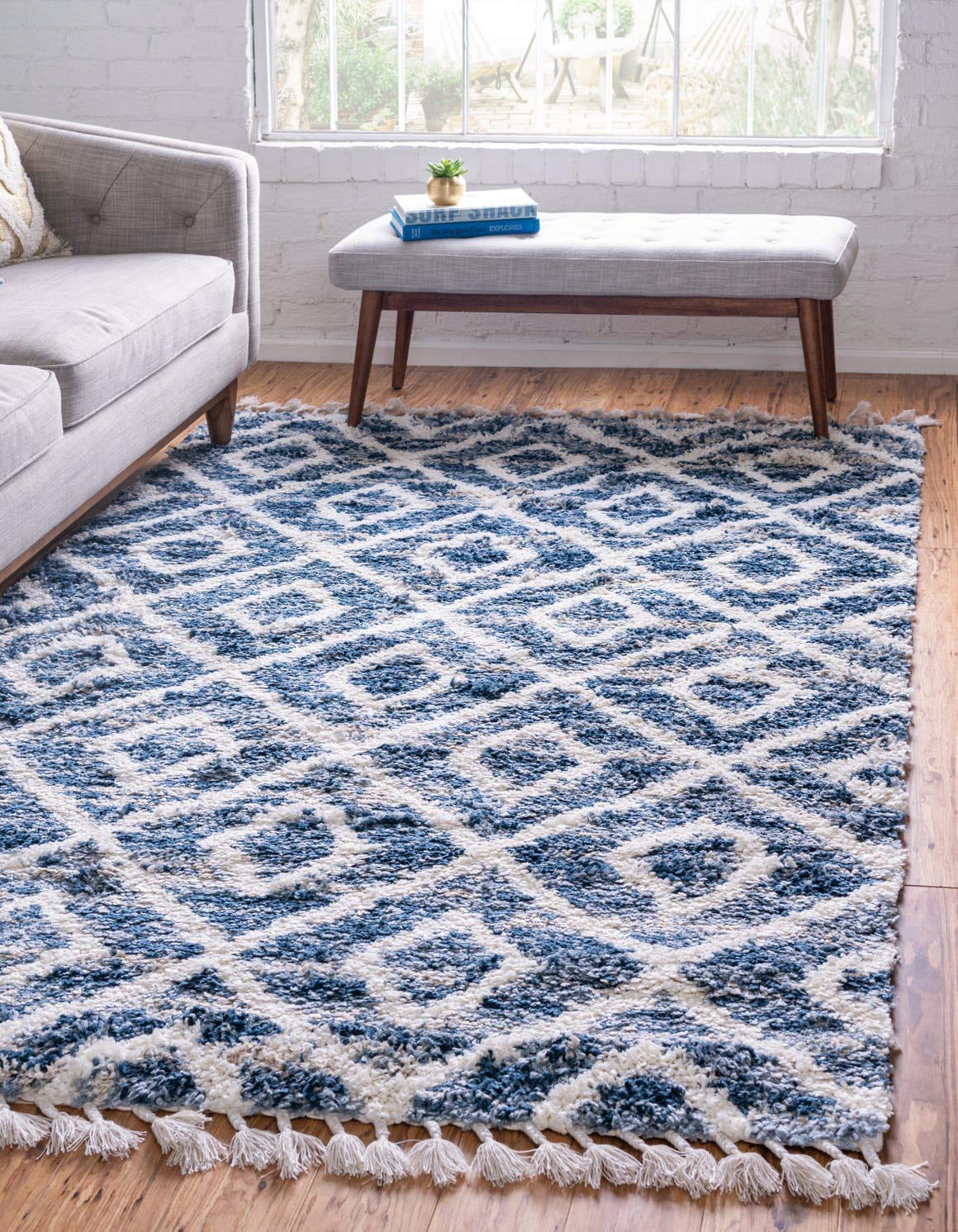 Unique Loom Hygge Shag Collection Area Rug - Diamond (8' x 10' Rectangle, Blue/ Beige)