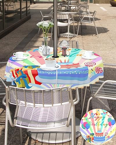 Miniatura 5 de QueenKer Mantel para exteriores con agujero para paraguas, regalo de pastel de feliz cumpleaños, serpentina, mesas redondas amarillas, colección de