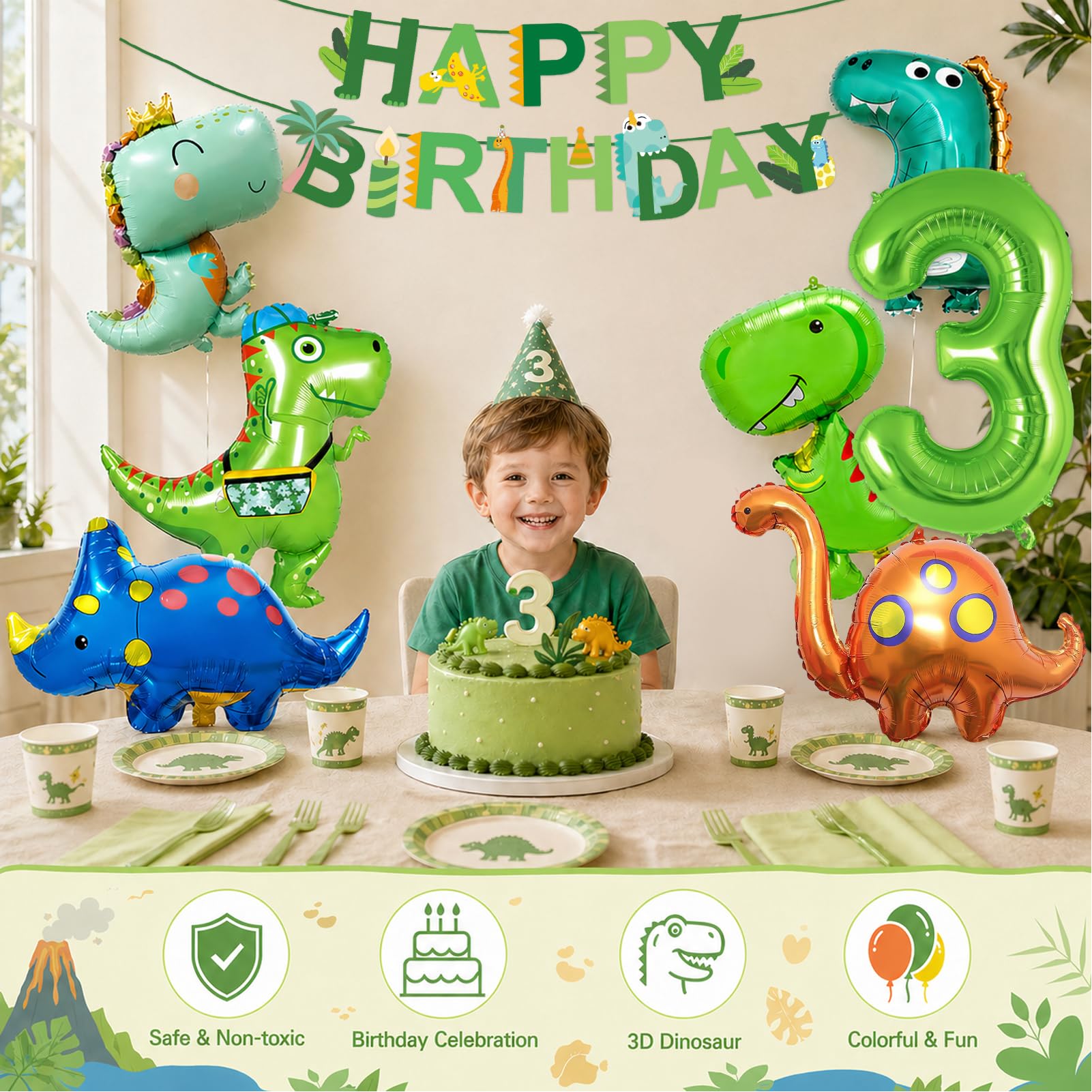 Globos Dinosaurio Decoración Cumpleaños 3 Años, XXL Globos Dino con Happy Birthday Bandera, Fiesta Dinosaurios