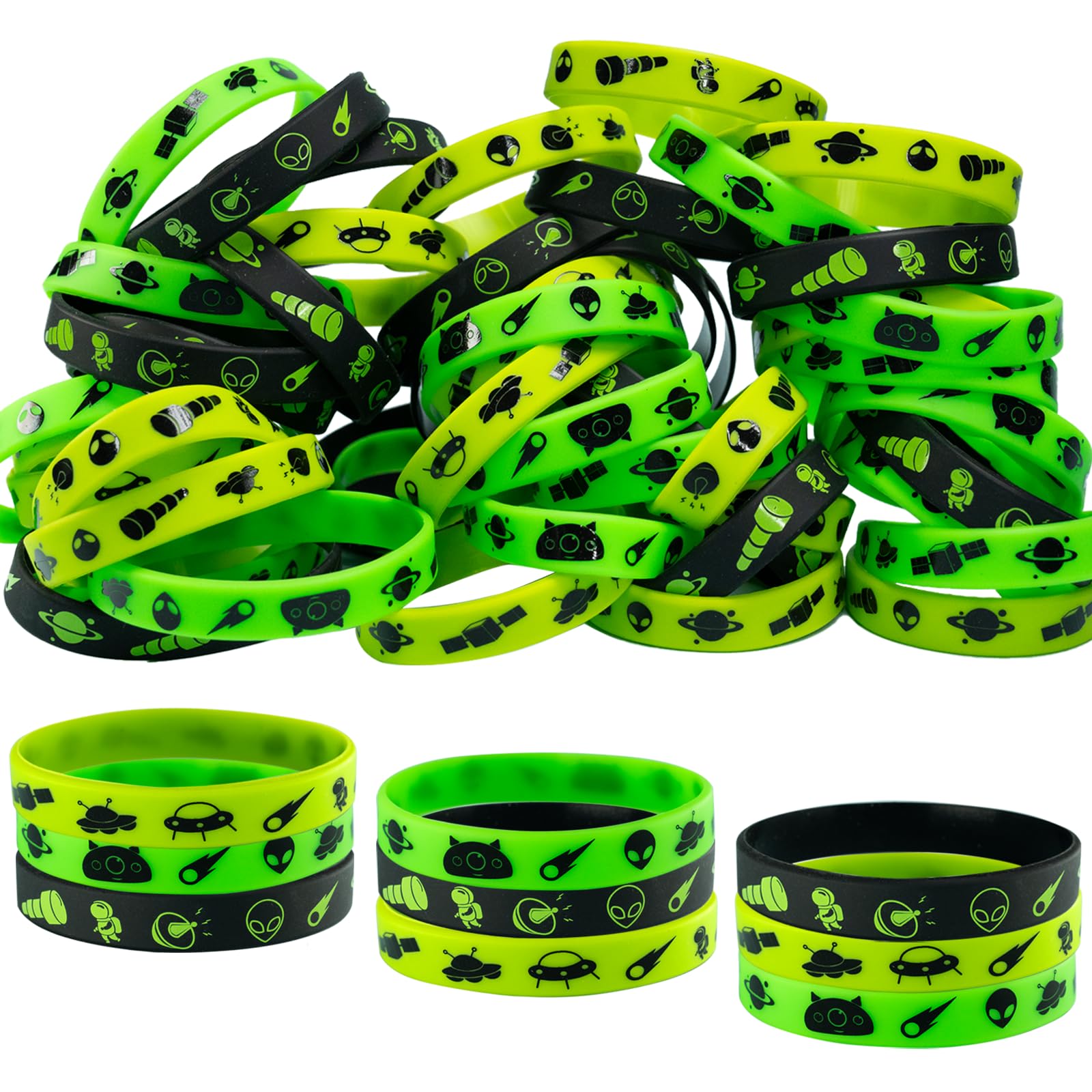 BatonLance 51PCS Green Alien Party Rubber Bracelets,UFO Space Ship Space Alien Themed Birthday Party Decorations Supplies Galaxy Planet Astronaut
