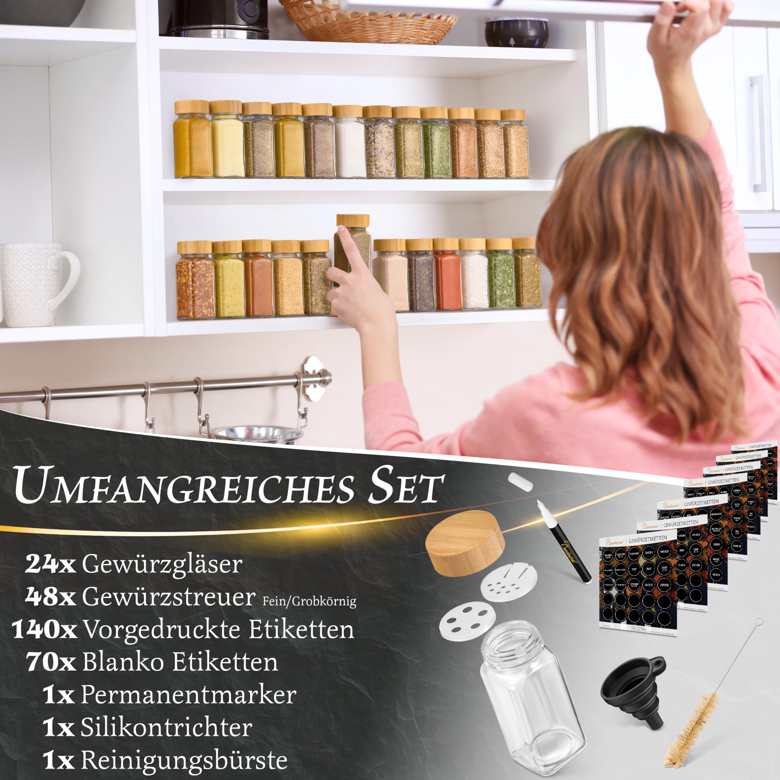 Lot de 24 pots à épices carrés de 120 ml avec 210 étiquettes, couvercle en bambou et inserts à saupoudrer (gros et fins) – Boîtes à épices hermétiques avec entonnoir, marqueur permanent et