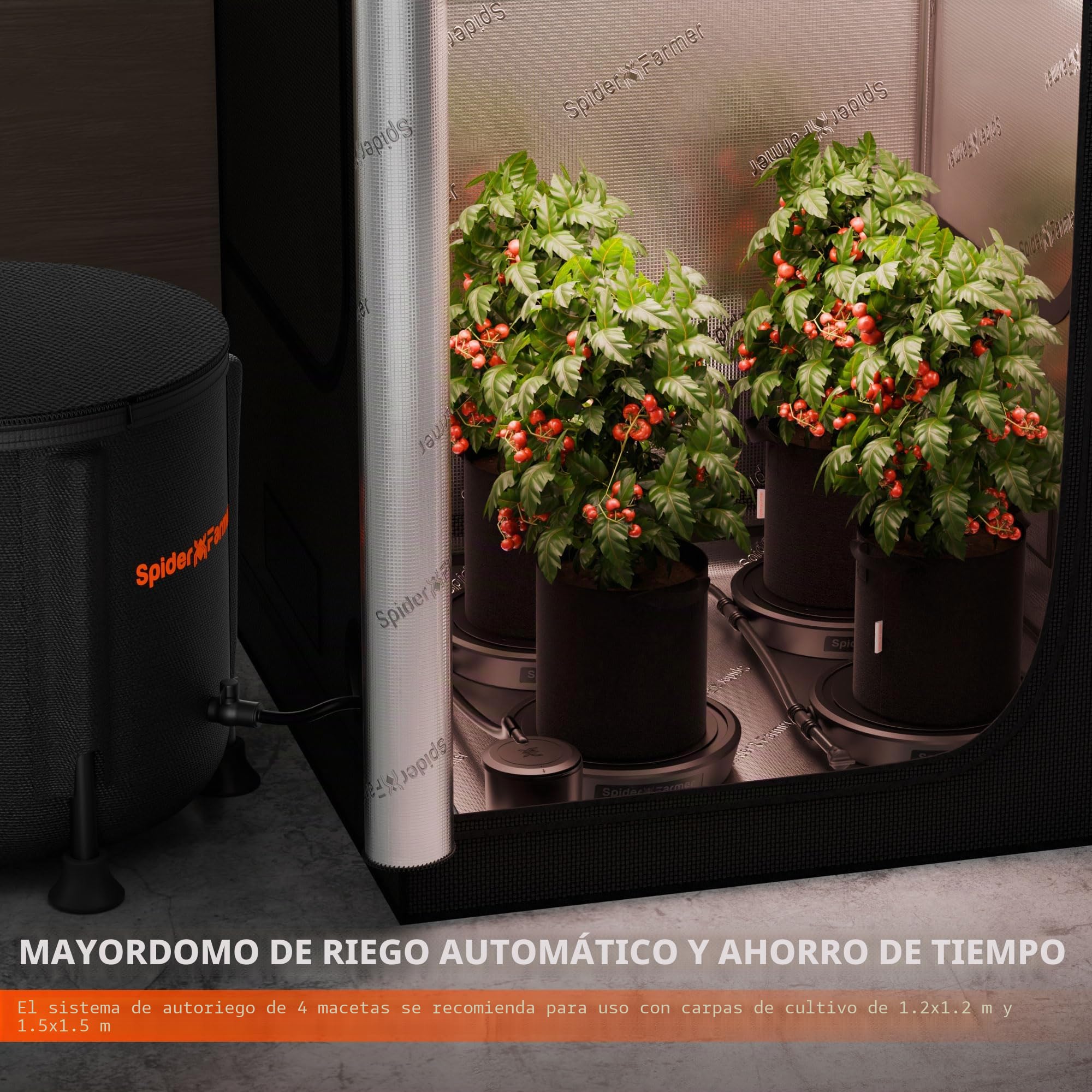 Spider Farmer Sistema de riego automático alimentado por gravedad, paquete de 4 sistemas con depósito de 13 galones y 4 bases de maceta