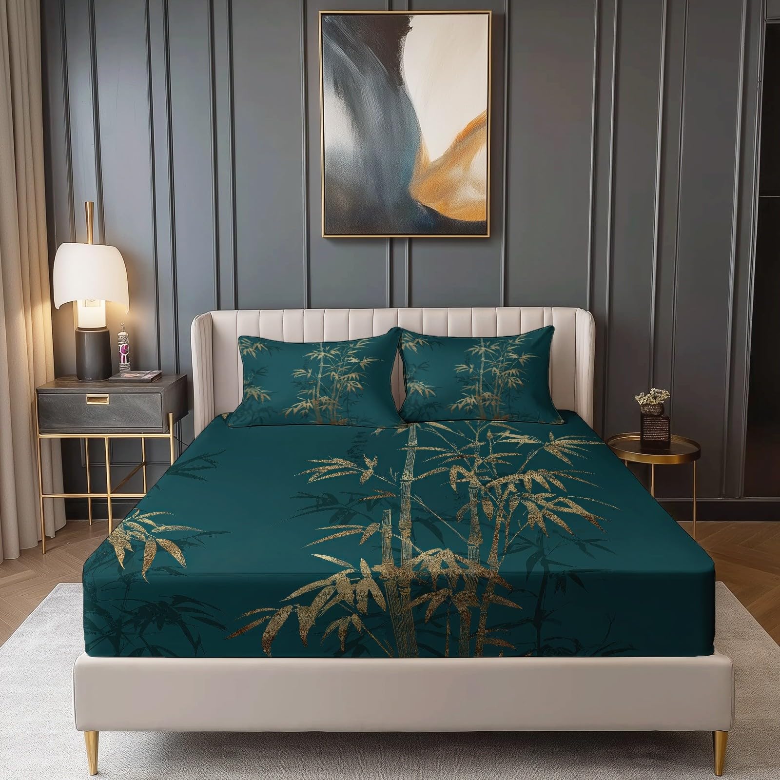 Sábanas Ajustables 180 x 200 cm Sábanas Estampadas con Bambú Dorado Estilo Tradicional Chino hexagonales Elástico en Todo el Contorno, 30 cm de Profundidad, Microfibra hipoalergénica Azul Marino
