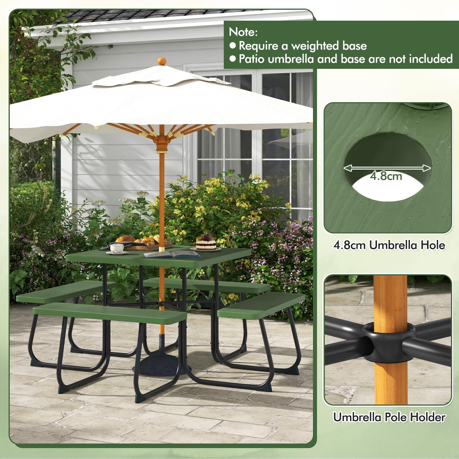KOMFOTTEU Set Tenda da Birra, Tavolo con 4 Panche da Birra per 8 Persone, Set di Mobili da Giardino con Foro per Ombrellone, Set Tendone da Campeggio in HDPE, Telaio in Metallo (Verde)