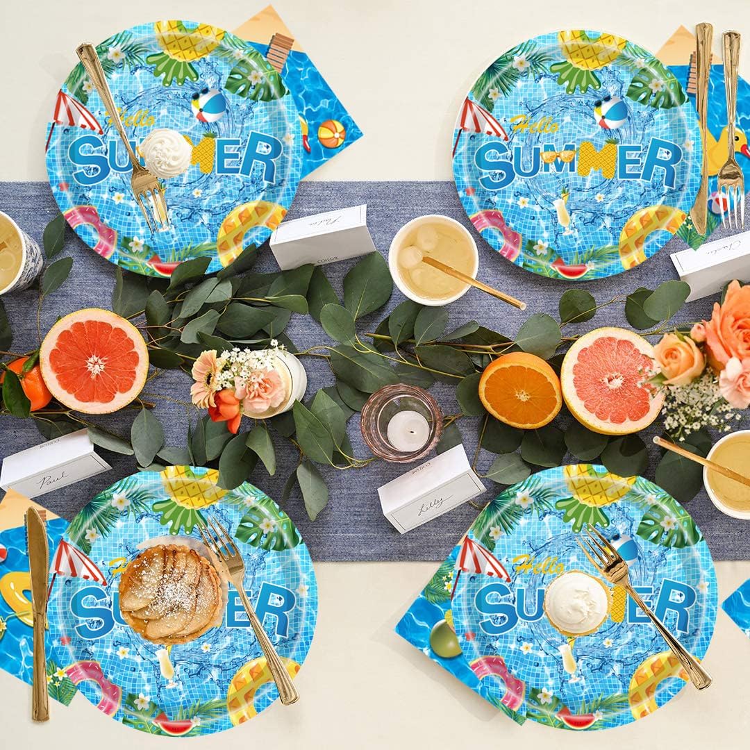 100Pcs Pool Party Supplies Summer Beach Party Set 7"Summer Pool Plates Pool Napkins for Beach Pool Theme luau Beach Summer Pool Birthday Party Decorations|Serve 50 (Summer)