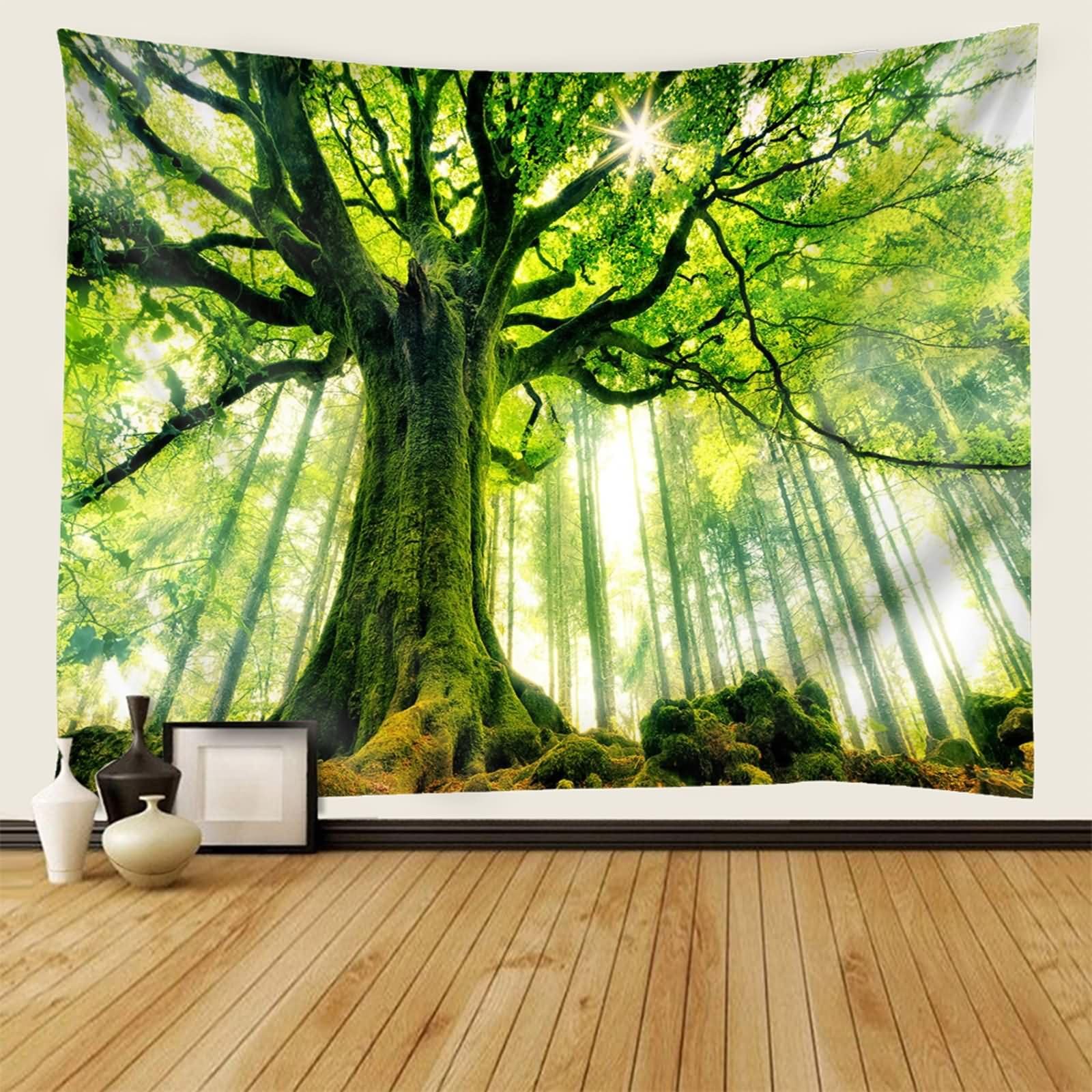 Homxi Tappeti Parete Camera Letto 260 x 240 CM,Alberi e Paesaggio Soleggiato Arazzi da Parete Moderni Poliestere Verde