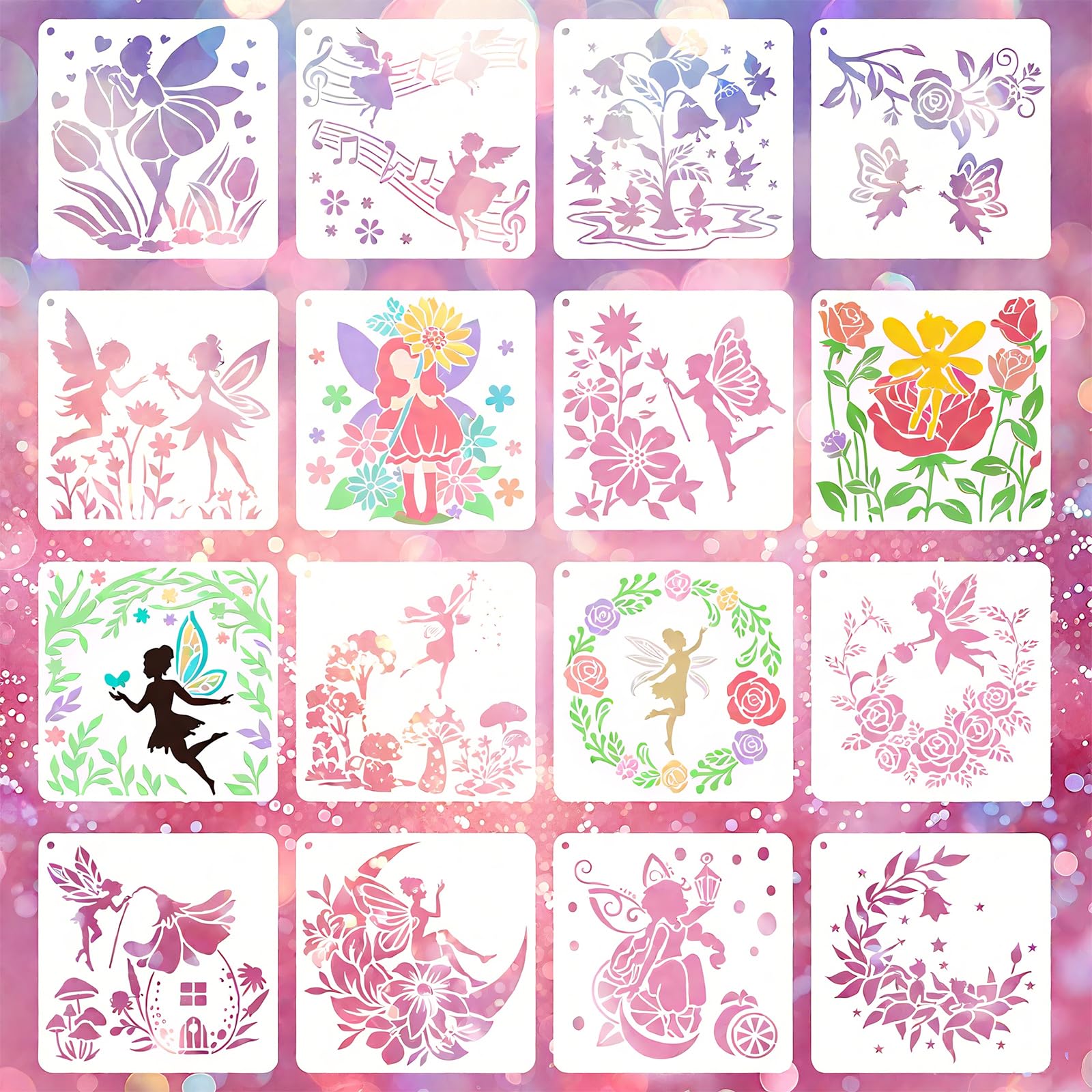 16 Pcs Fairy Stencils for Kids Reusable DIY Painting Templates for Girls with Flowers and Elves Ideal for Wall Furniture Fabric Wood and Scrapbooking — image 1