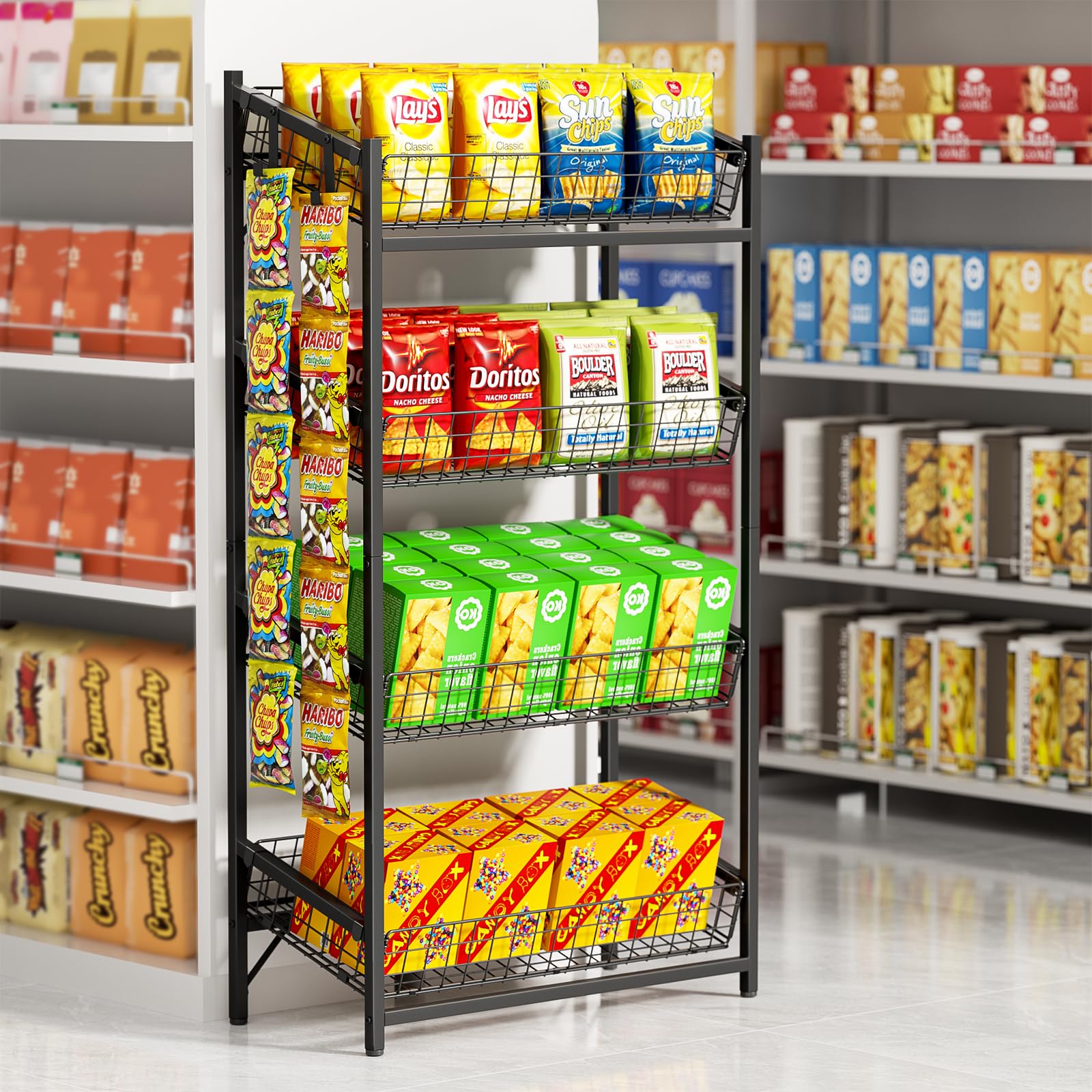VOPEAK 4 Tier Retail Snack Display Stand, Metal Retail Display Rack with 2 Hooks, Potato Storage Rack, Concession Stand Candy Organizer, Easy Assembly Fruit Basket, Snack Organizer for Pantry, Office