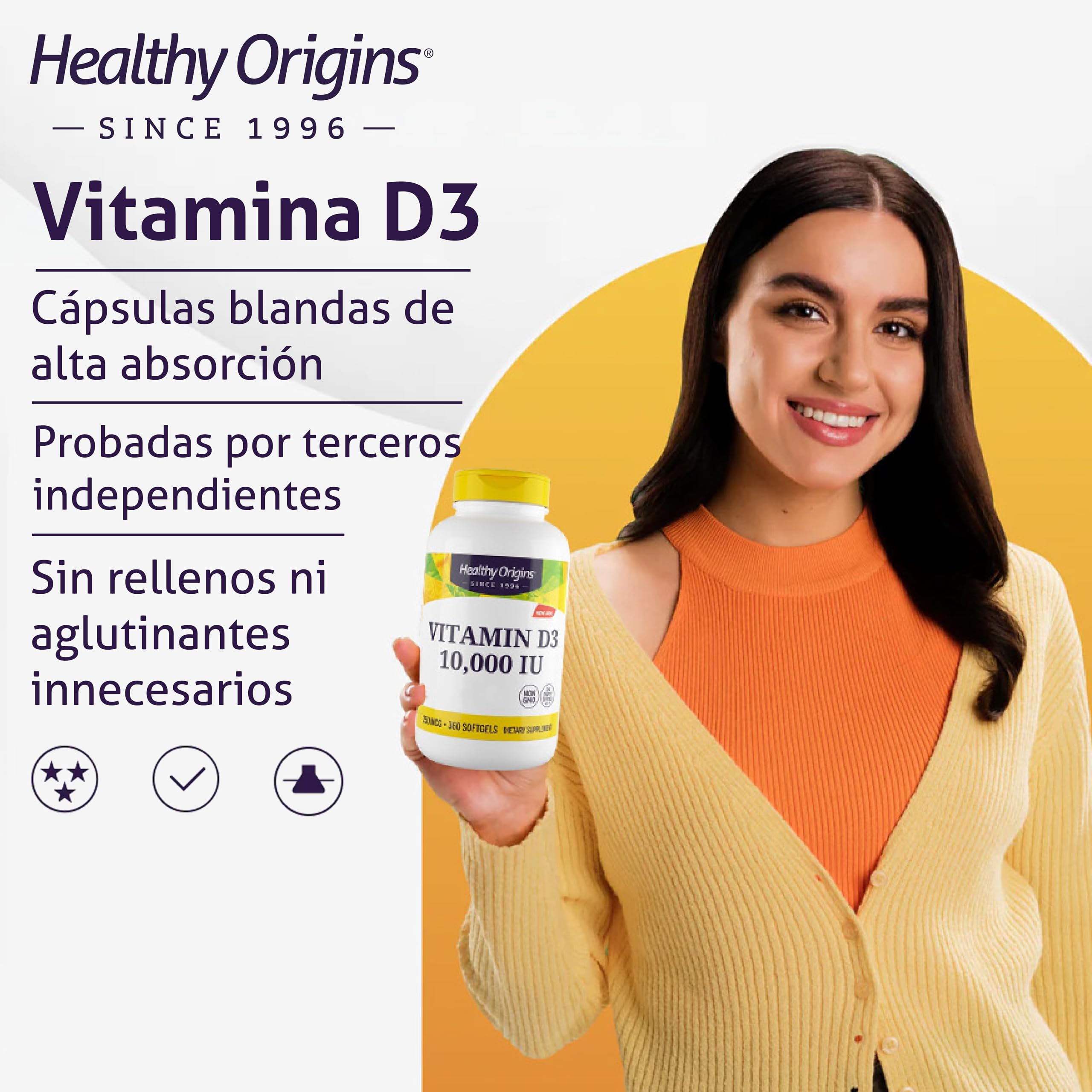Healthy Origins, Vitamina D3, 10.000 UI, Depot, 360 Cápsulas blandas, Probado en Laboratorio, Sin Gluten, Sin Soja, Sin OMG, Vitamina D, persona Vitamina
