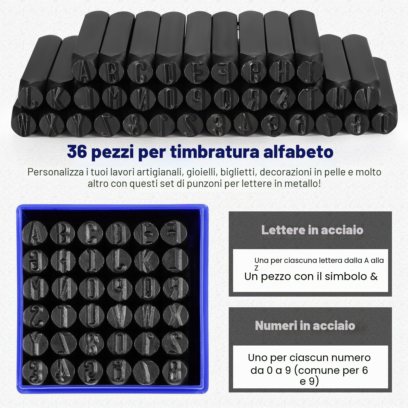 Gueenky 36 Pezzi Punzoni Lettere e Uumeri per Metallo, 8mm Punzoni Lettere A-Z e Numero 0-9, Punzoni di Marcatura Alfabeto per Metallo Legno Pelle Plastica