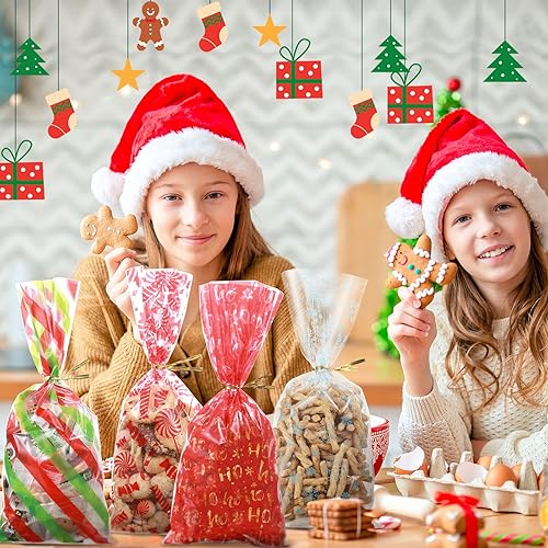 Miniatura 6 de 100 bolsas de celofán de Navidad, bolsas de regalo de Navidad con lazos giratorios, bolsas de plástico para aperitivos, bolsas de regalo de
