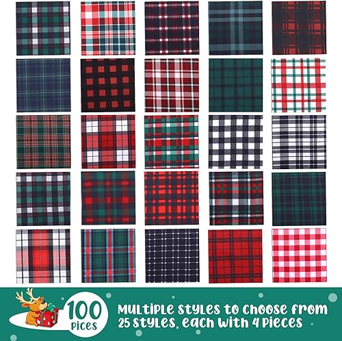 Miniatura 2 de 100 piezas de tela escocesa de Navidad de 5 x 5 pulgadas, 25 estilos de tela cuadriculada, cuadrados, tela de poliéster, recortes de tela de