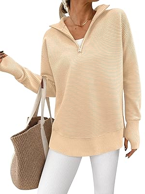 PRETTYGARDEN Womens Long Sleeve Quarter Zip Pullover Sweater Casual Loose V Neck Collared Ribbed Knit Jumper Tops Thumb Hole