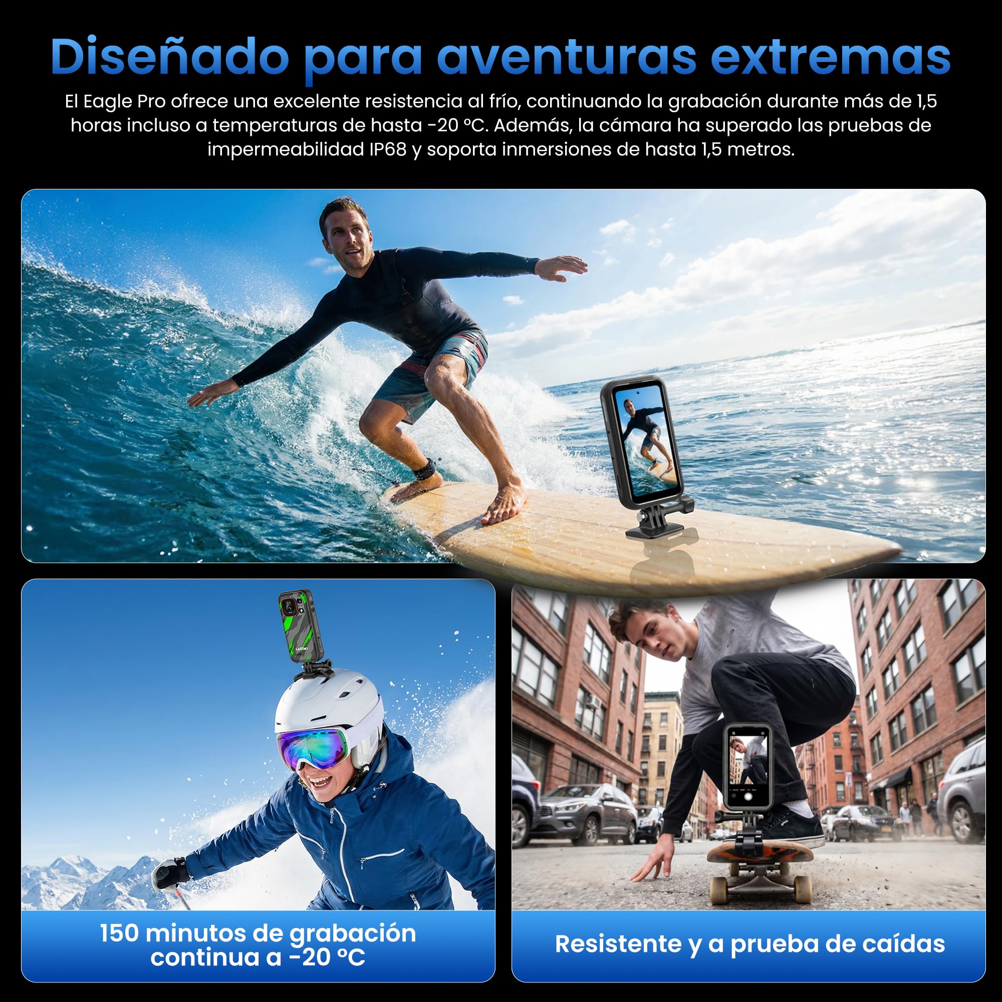 Eagle Pro Mini 5G Móvil Irrompible con Cámara de Acción 4K, Android 16, 32GB+256GB/1TB, Gran Angular 152,6°, Batería 4,5 h, Estabilización, Pantalla 4,0", Dual SIM 5G, NFC, Verde