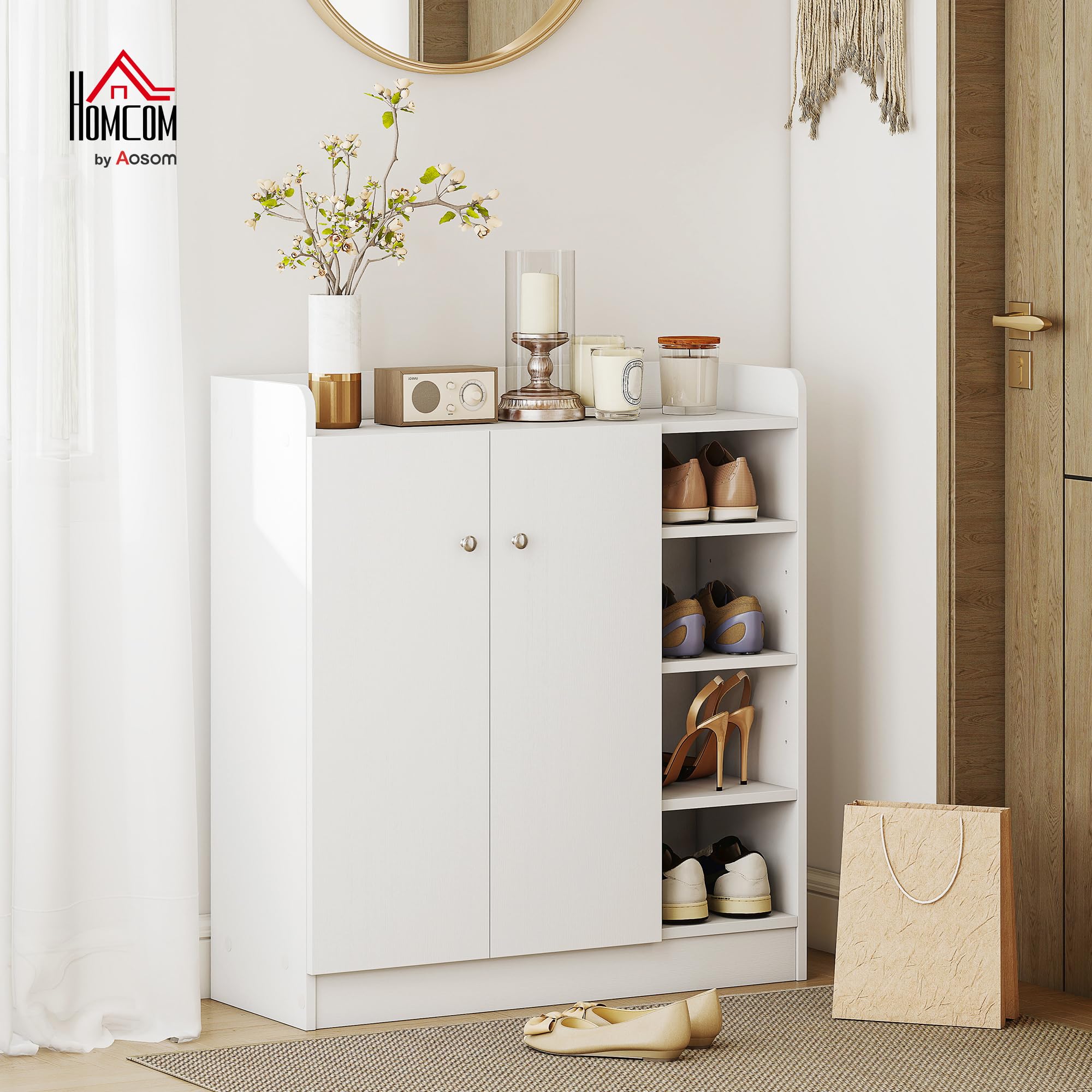HOMCOM Meuble de Rangement à Chaussures 12 Paires 83L x 30l x 90H cm Blanc | Armoire à Chaussures, 4 Compartiments Ouverts, Placard Double Porte, Étagère Réglable