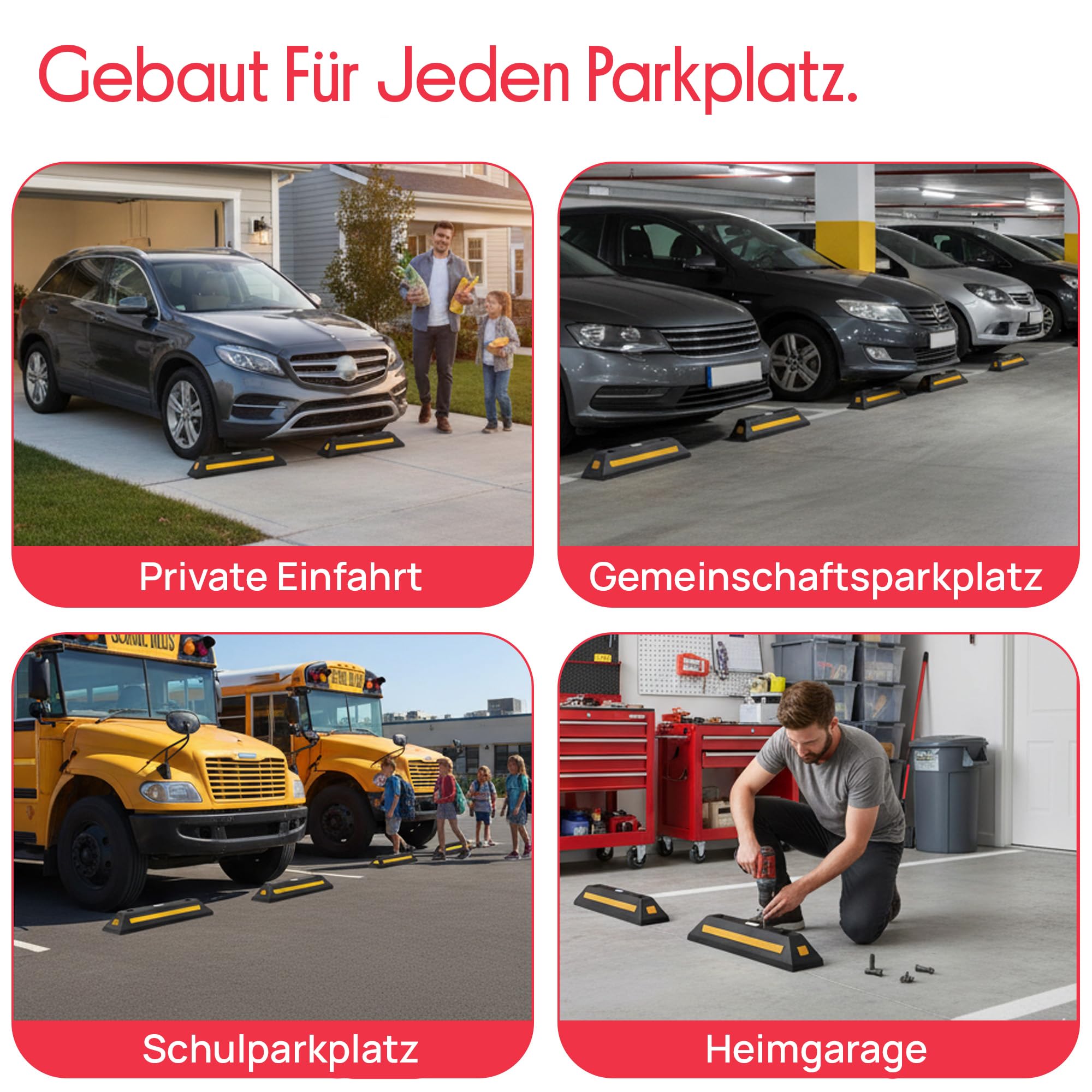 Pyle Parkplatzbegrenzung Anfahrtschutz Set – Garagenstopper für das Auto ohne zu Bohren oder mit Befestigungsmöglichkeit, Radstopper aus Hartgummi, Garagen Parkhilfe mit Reflektionsstreifen, 4er Pack