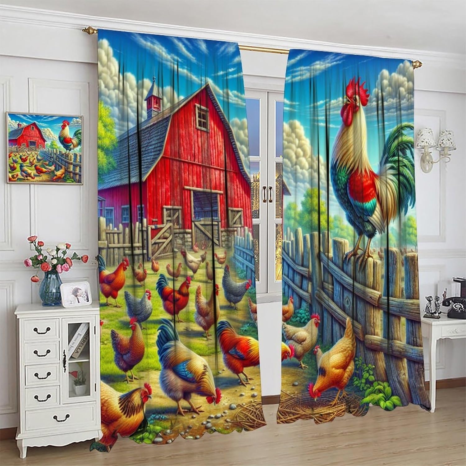 Funny Chicken Curtains,Country Farm Animals Rooster Themed Vintage Red Wooden Cabin Blackout Rod Pocket Window Curtain,for Classroom Living Room Bedroom Kitchen Cafe Farmhouse 42" W X 45" L