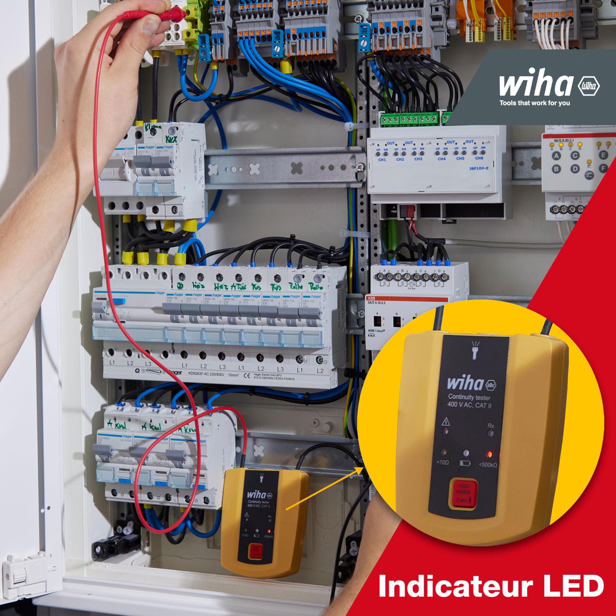 Testeur de continuité Wiha 45222 CAT II 600 V LED, Acoustique, noir/jaune