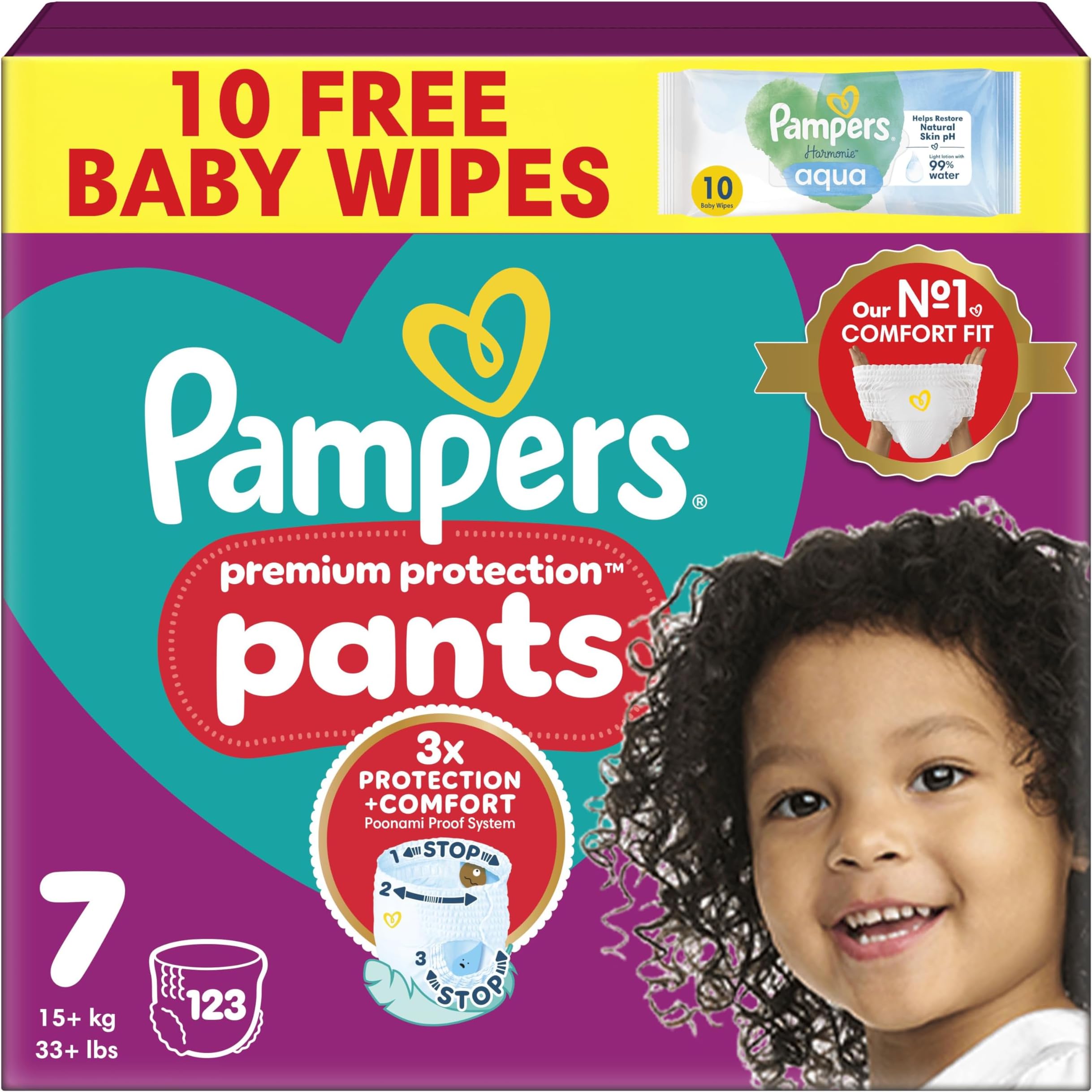 Premium Protection Nappy Pants Size 7, 123 Nappies, 15kg+, Monthly Pack + Pampers Harmonie Aqua Baby Wipes 1 pack of 10 Wipes-