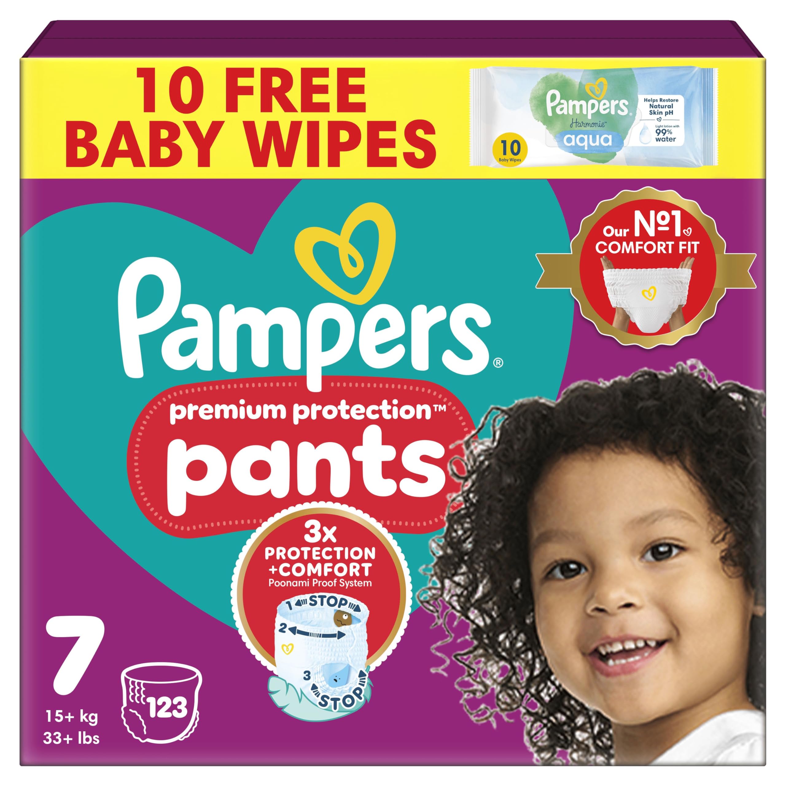 Premium Protection Nappy Pants Size 7, 123 Nappies, 15kg+, Monthly Pack + Pampers Harmonie Aqua Baby Wipes 1 pack of 10 Wipes-