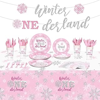 172 Pieces Girls First Birthday Supplies Include Winter Onederland Banners Pink Silver Snowflake Tablecloths Winter Snowflake Plate Napkin Cup Tableware Set for Girl First Birthday Decor Supplies