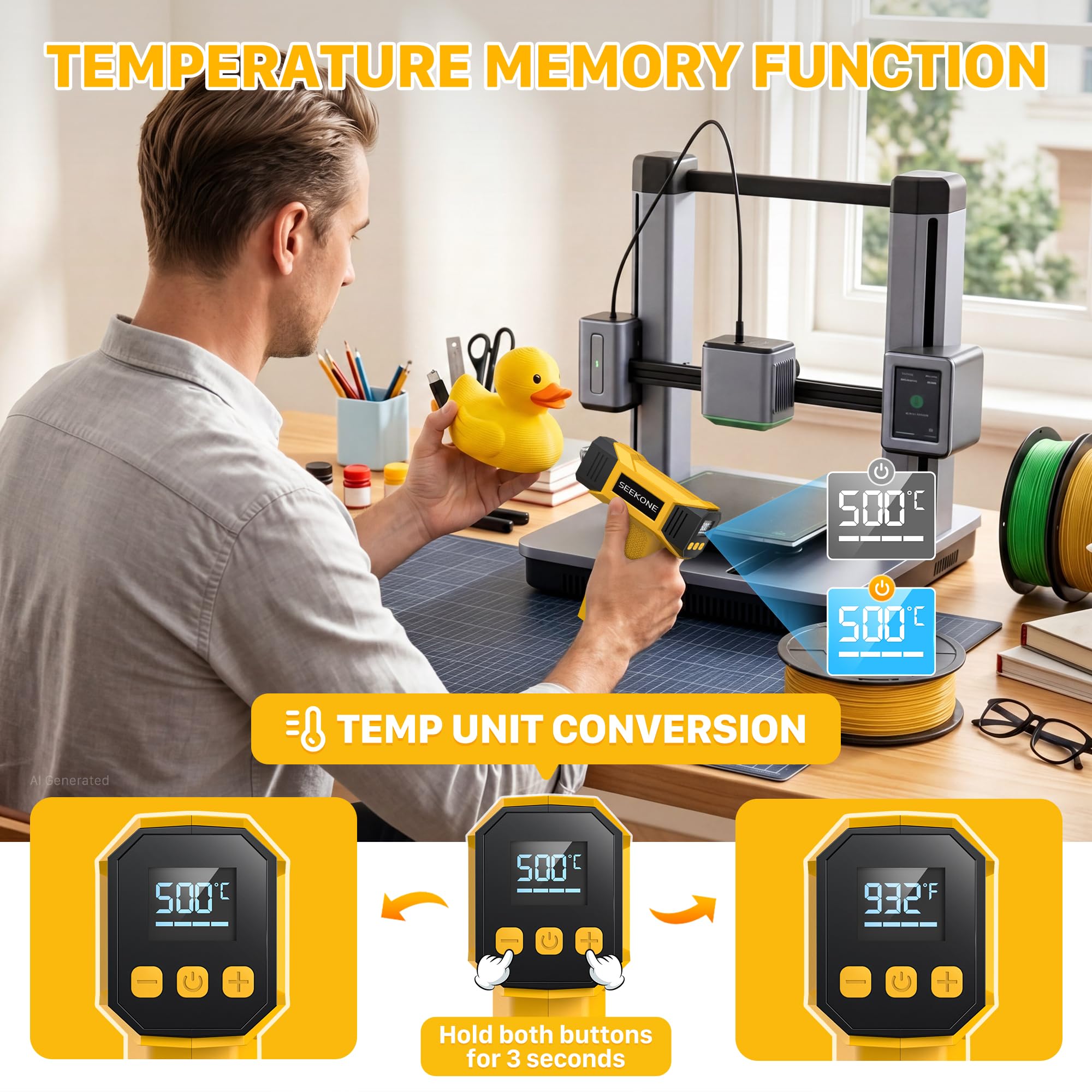 SEEKONE 7,2V Kabellose Mini Heißluftfön, Mini Heißluftpistole mit variabler Temperaturregelung (100℃–500℃), 5000mAh, USB-Ladefunktion, LCD-Display, Speicherfunktion, Reflektordüse für Bastelarbeiten
