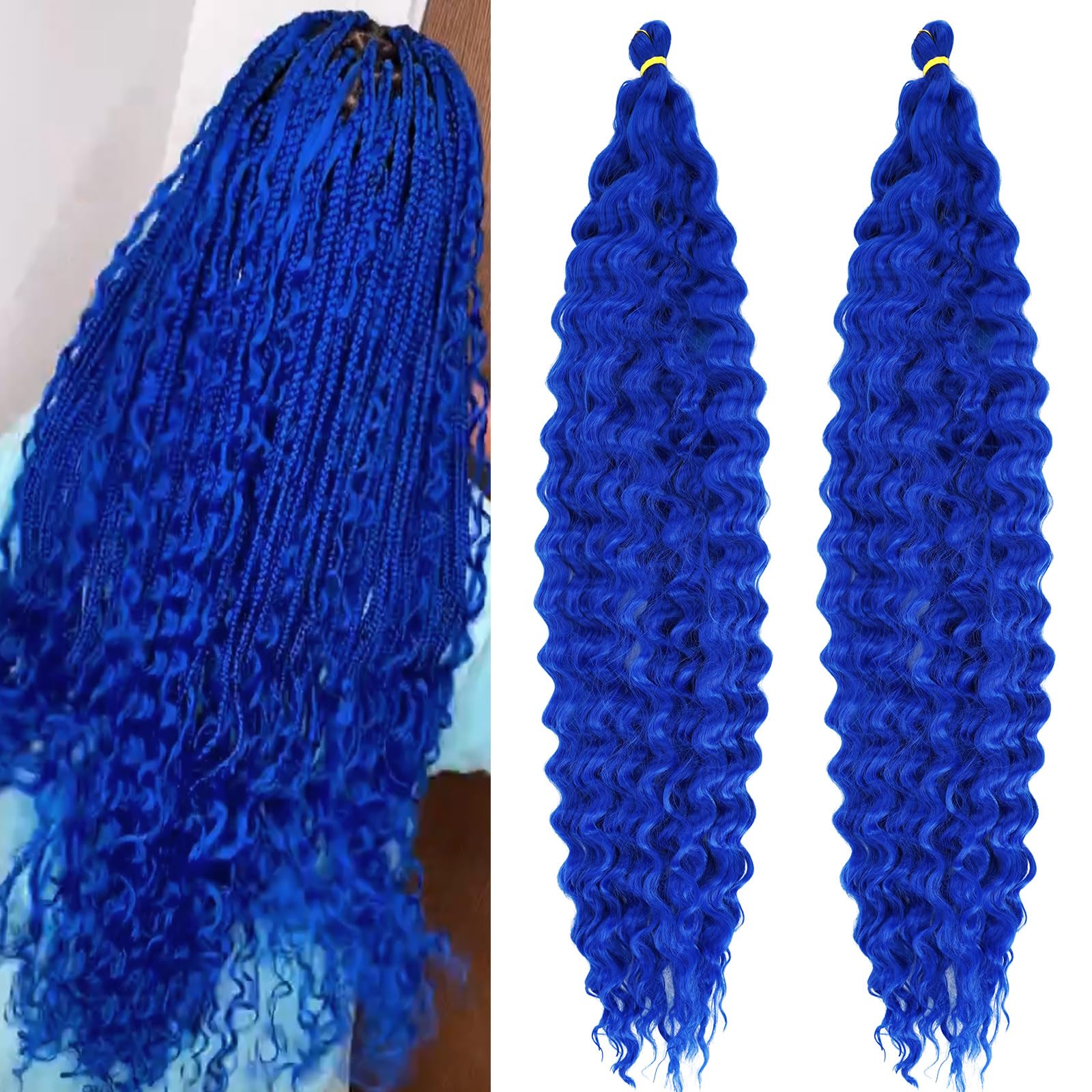 UPruyo Blue Curly Braiding Hair Pre Stretched Boho Braids Deep Wave Crochet Hair Ocean Wave Wavy Braiding Hair Synthetic Extensions 24 Inch 2 Packs