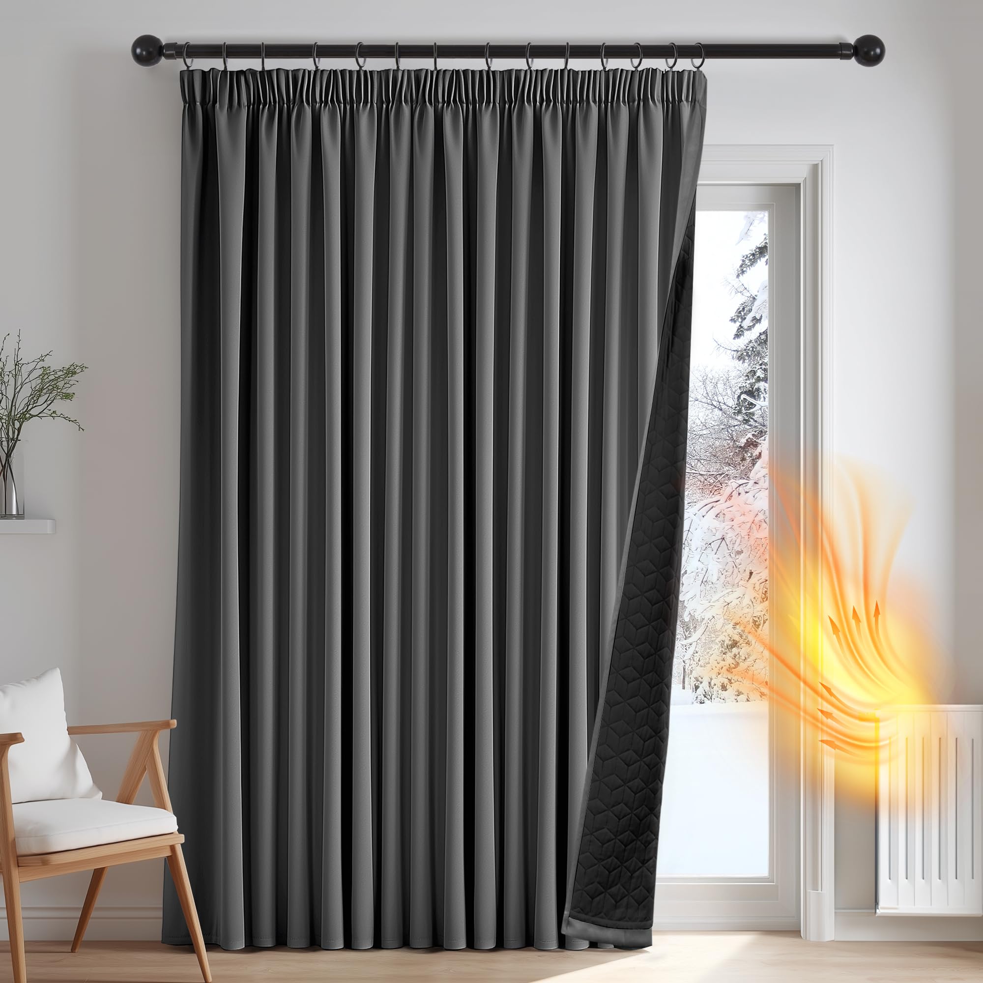 Deconovo Thermovorhang Kälteschutz, Gardinen mit Kräuselband gegen Kälte, Wärmeisolierend Vorhang Verdunkelung Wohnzimmer, 245 x 140(HöhexBreite), Dunkelgrau, 1 Stück