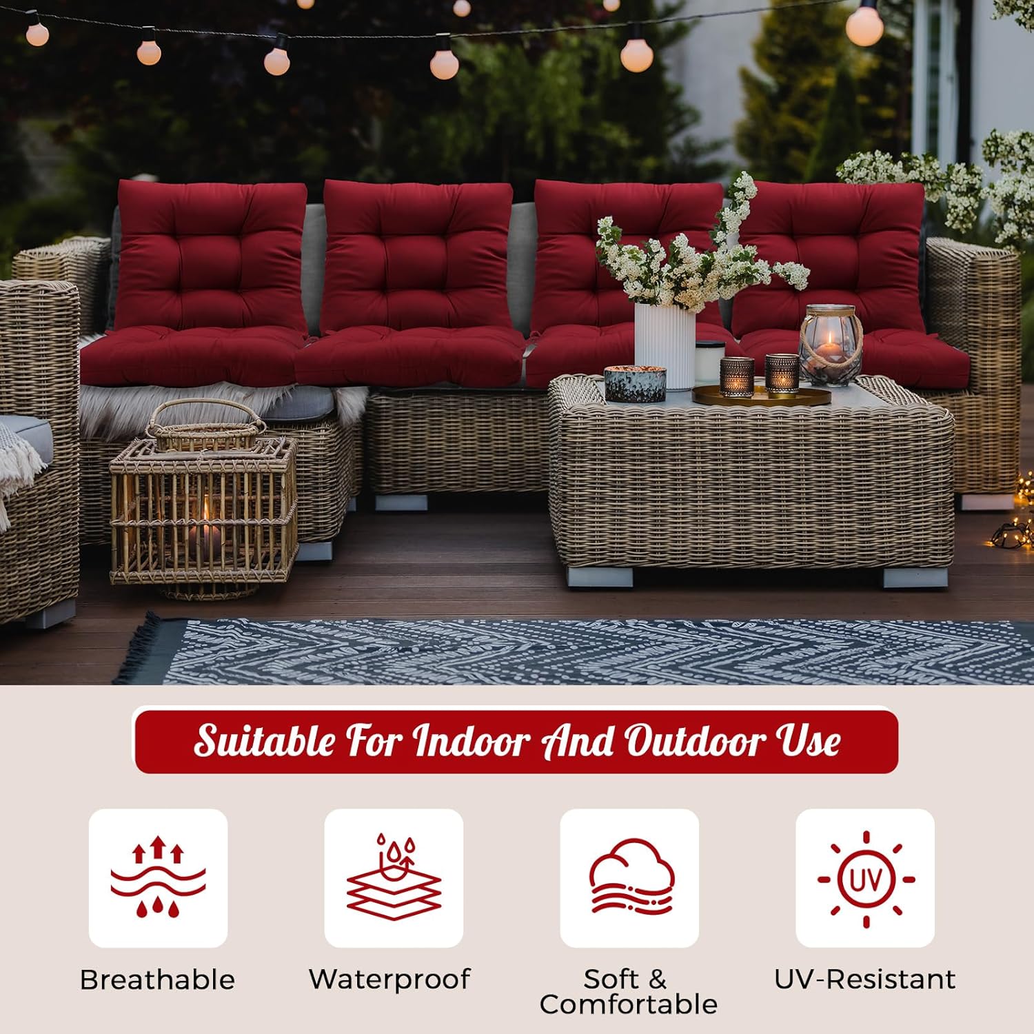 Vercraft 8 Pcs Outdoor Chair Cushions for Patio Furniture Wicker Chair Seat Cushion with Ties 18x18inch Square Water Resistant Tufted Seat Floor Pillows Dining Indoor(Burgundy)