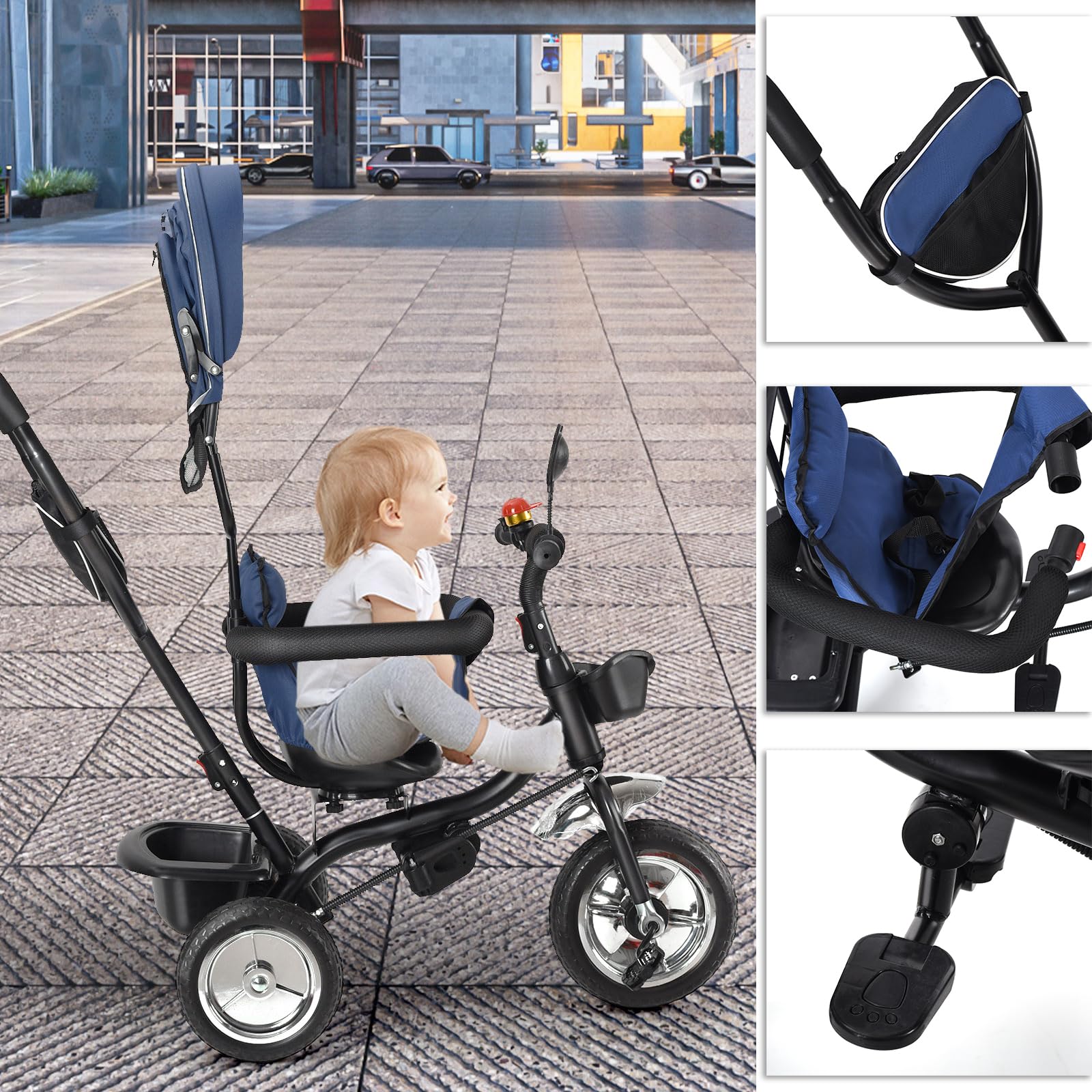 Baby-Dreirad, mitwachsend, Dreirad für Kinder von 18 Monaten bis 5 Jahren, 4-in-1-Kinderwagen-Fahrrad mit wendbarem Sitz, Sonnenschutz und Pedal, kompakter Kinderwagen (Dunkelblau, 4-in-1)